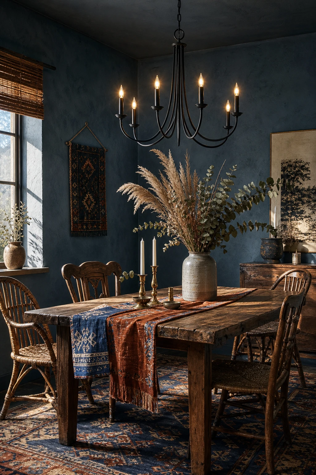 Blue boho dining room with a black chandelier as the focal point above a wooden dining table, deep blue walls, woven chairs, and layered textiles