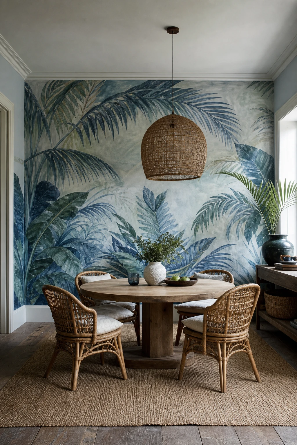 Blue boho dining room with a bold palm leaf mural as the focal wall, rattan chairs, a jute rug, and woven pendant light in soft natural light