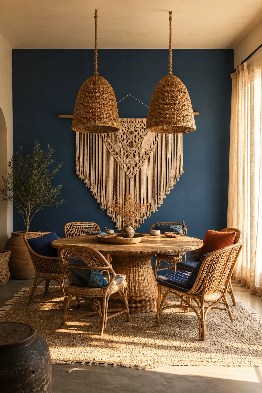 Blue boho dining room with a deep blue accent wall behind a rattan dining set, macrame wall hanging, woven pendants and layered textiles in warm candlelight