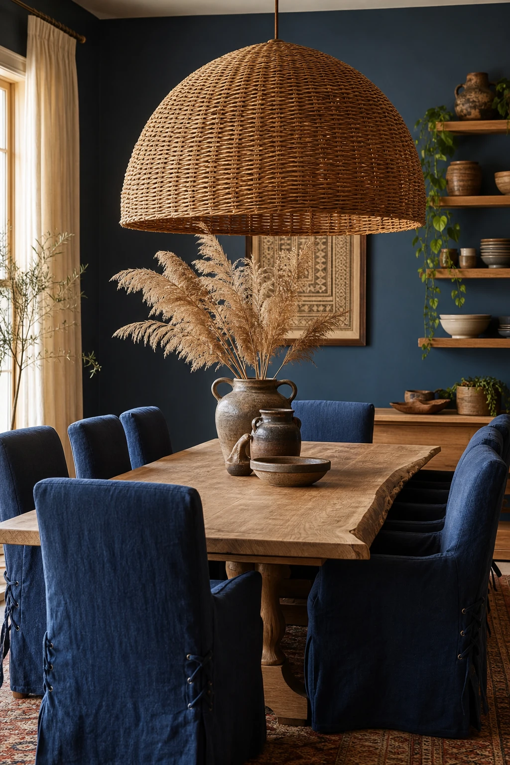 Blue boho dining room with a rattan pendant light as hero, indigo linen chairs, raw wood table, ceramic vessels, and Farrow and Ball Lobster painted accent wall