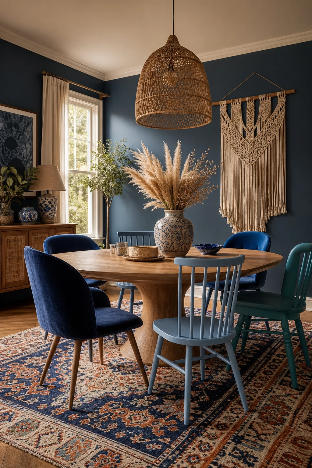 Blue boho dining room with a retro table and mismatched blue chairs styled with rattan, macramé, and warm pendant lighting in a relaxed eclectic space