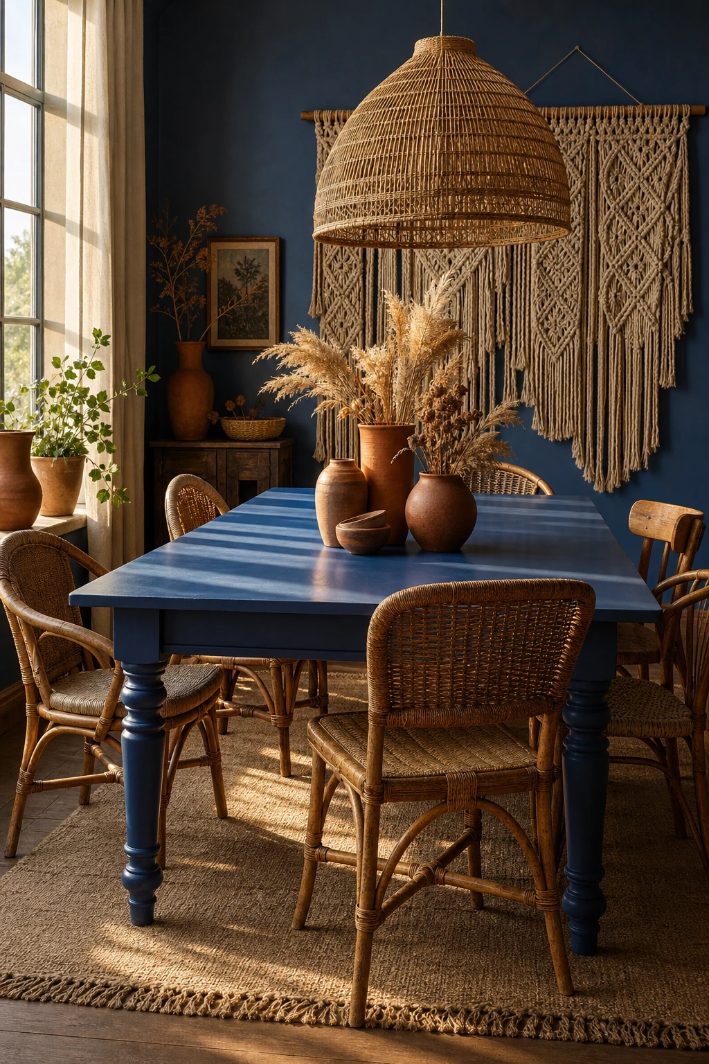 Blue boho dining room with a Sloe Blue painted table at centre, surrounded by rattan chairs, macrame wall hanging, and warm pendant lighting