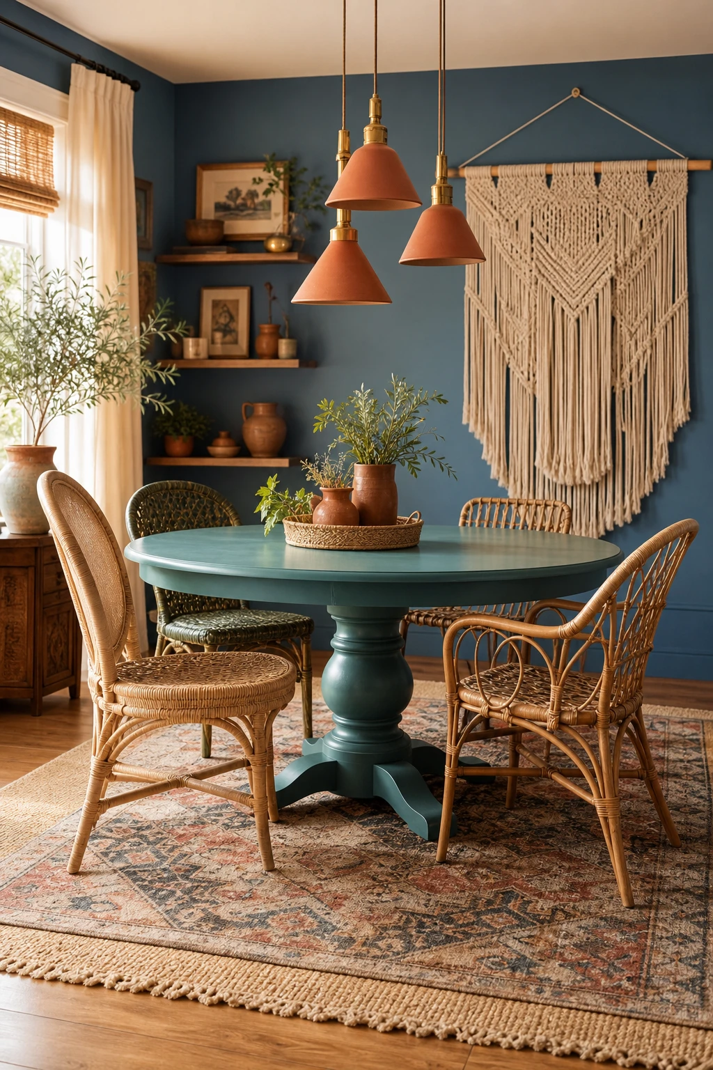 Blue boho dining room with a teal round table as the centrepiece, surrounded by rattan chairs, layered rugs, macrame wall hanging, and warm pendant lighting