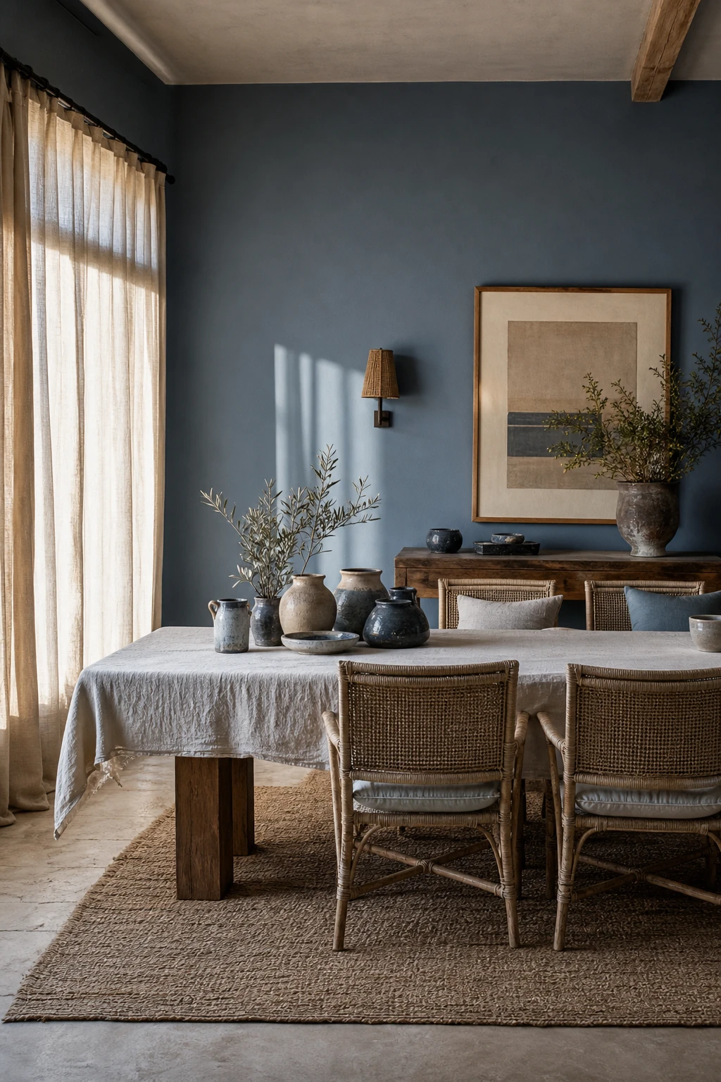Blue boho dining room with blue and neutral tones, rattan chairs, linen curtains, woven rug, and Farrow and Ball Blue Ground painted walls