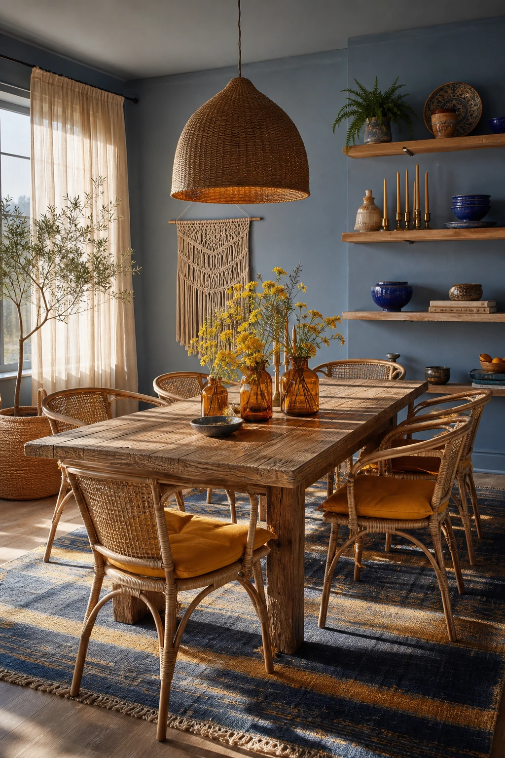 Blue boho dining room with blue and yellow as the hero, rattan chairs, woven pendant, marigold cushions, and Farrow & Ball De Nimes painted walls