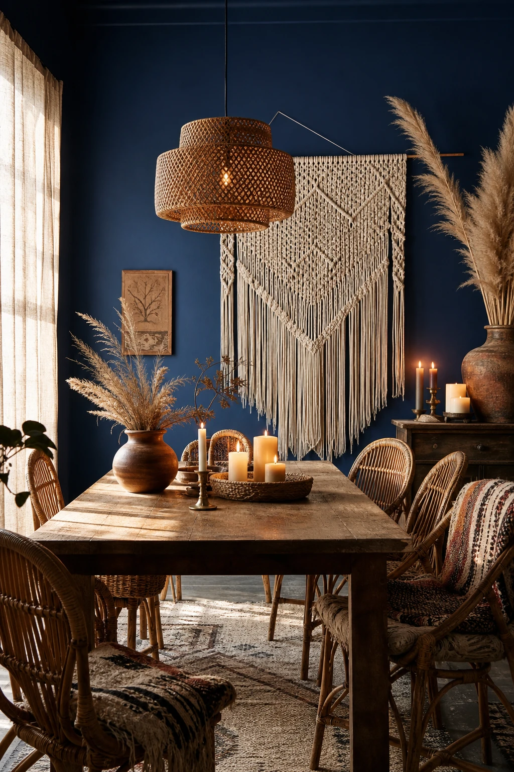 Blue boho dining room with bold Farrow and Ball Pitch Blue walls, rattan chairs, layered textiles, macrame wall art and warm candlelight on a wooden table