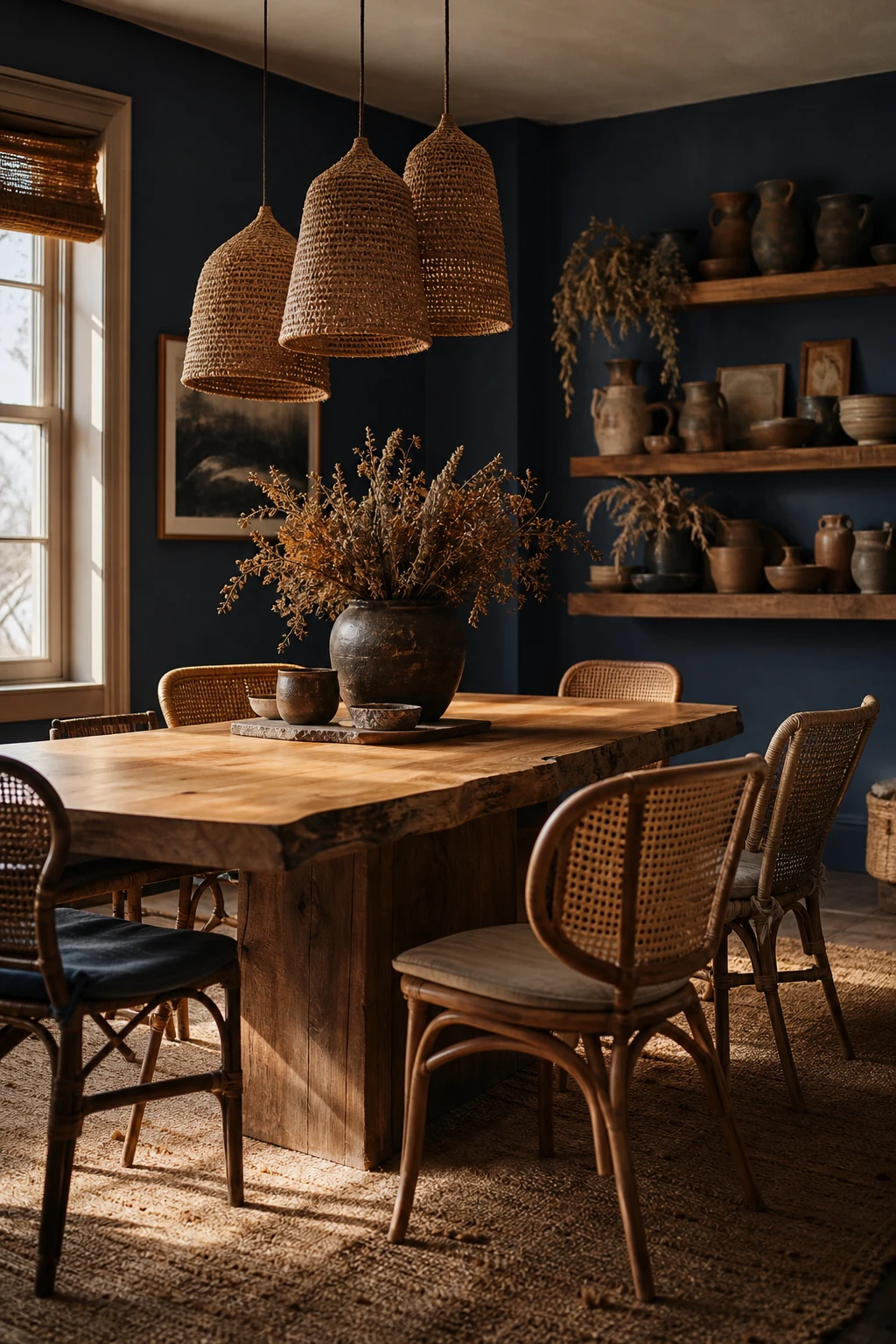 Blue boho dining room with Cook's Blue walls and warm honey wood tones, rattan chairs, a live edge table, and woven pendants in soft natural light.