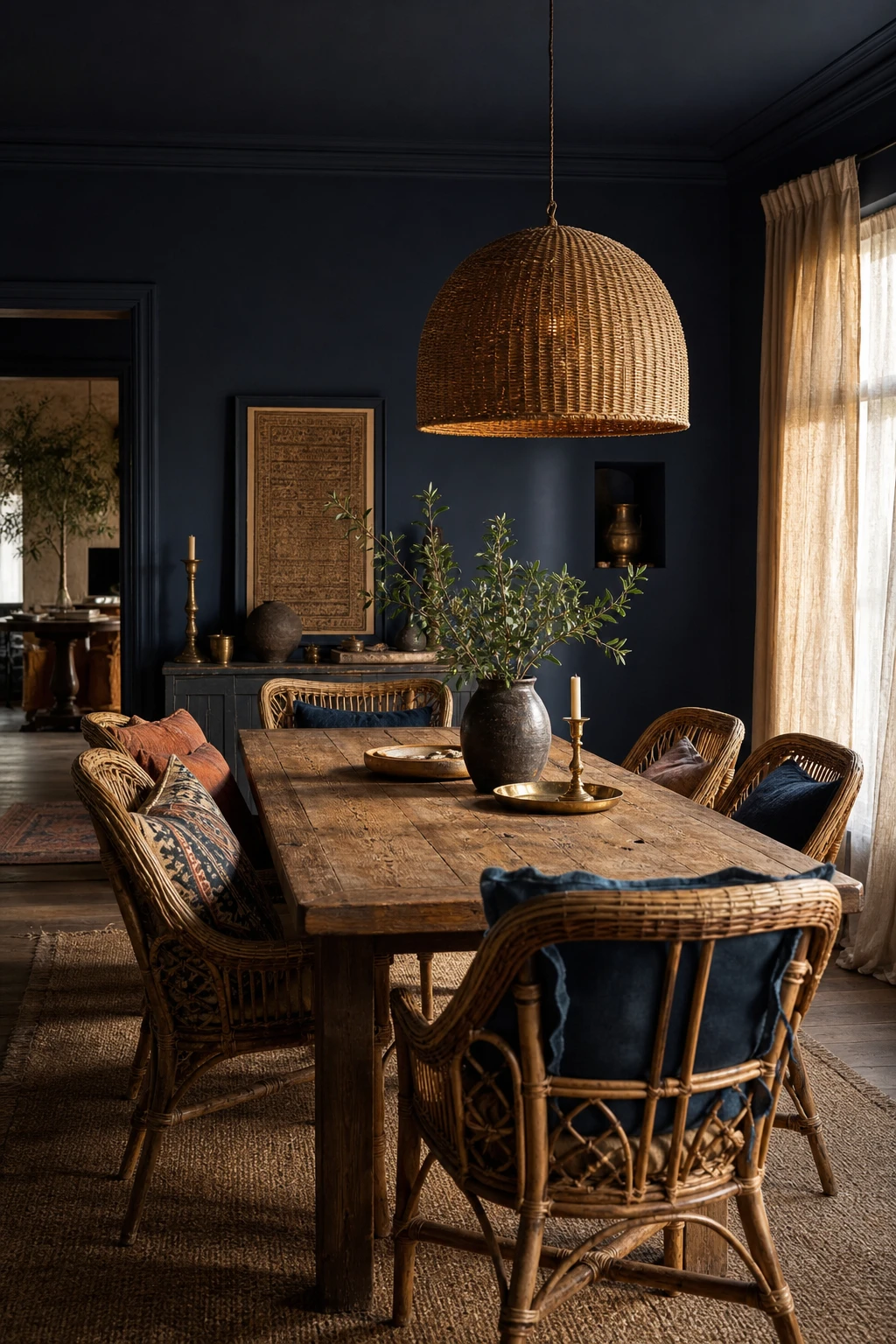Blue boho dining room with deep dark blue walls in Farrow and Ball Hague Blue, rattan chairs, a woven pendant light, and a richly set dining table