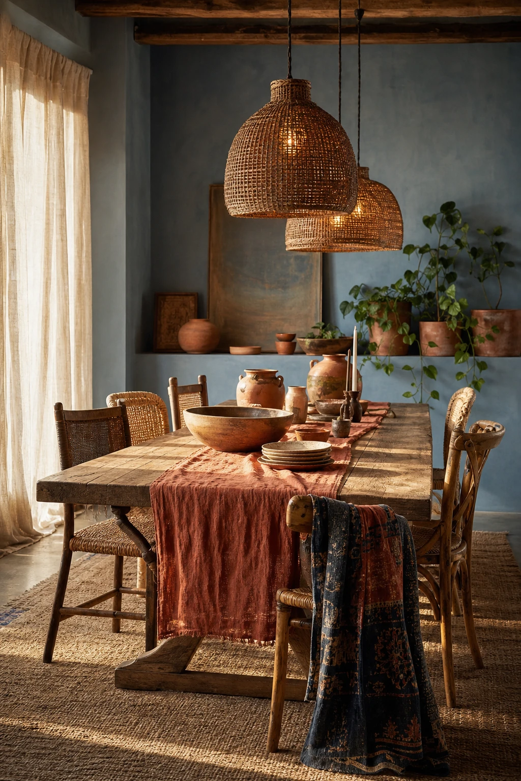 Blue boho dining room with dusty blue walls and terracotta accents, handthrown pottery, rattan chairs, and woven textile runner on a warm timber table
