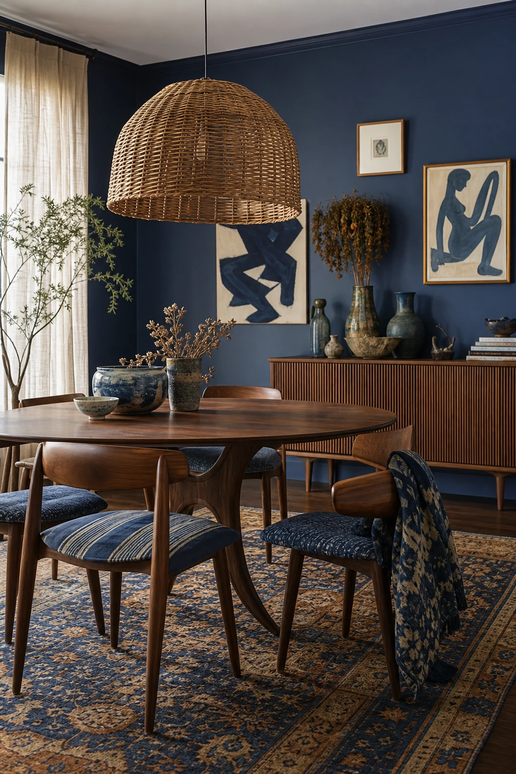 Blue boho dining room with eclectic mid century furniture, rattan pendant, layered textiles, and Farrow and Ball Berrington Blue walls in warm natural light