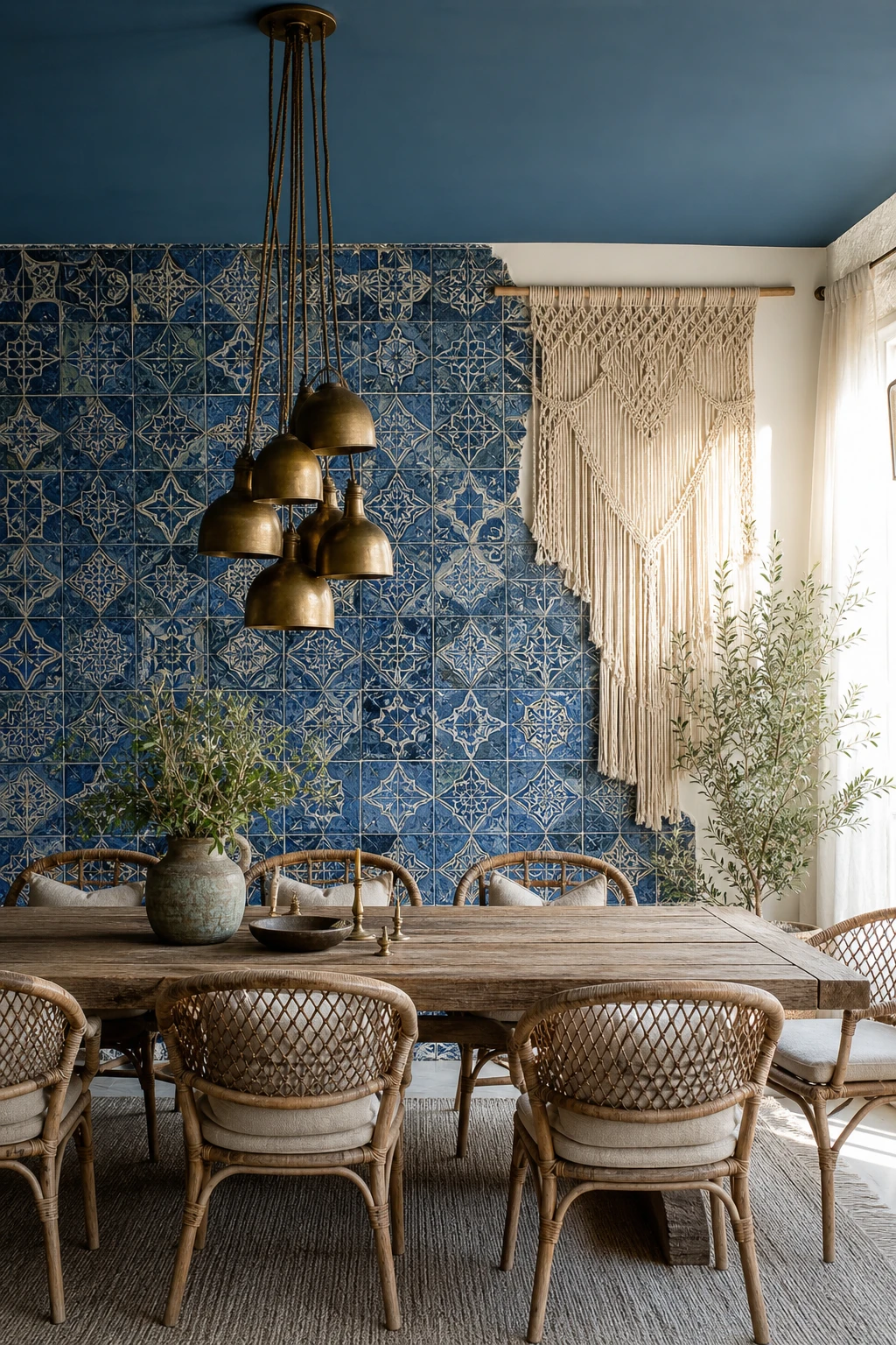 Blue boho dining room with handmade blue patterned tiles as hero feature, rattan chairs, macrame wall hanging, and warm pendant light above a wooden table
