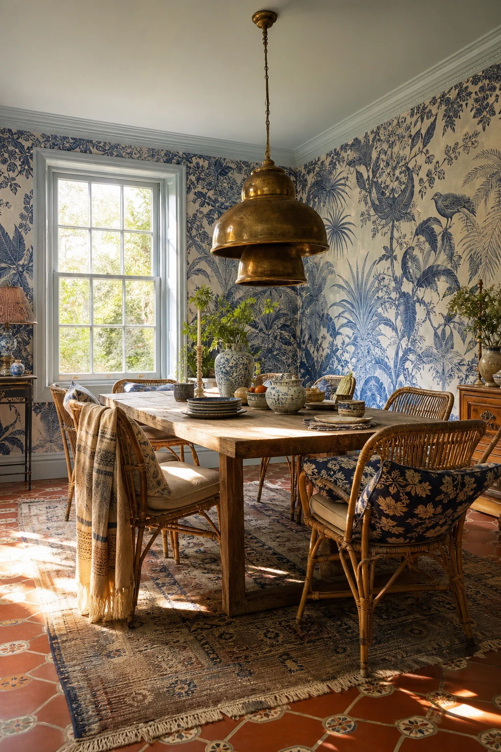 Blue boho dining room with patterned blue wallpaper as the hero feature, rattan chairs, layered textiles, brass pendant light and eclectic tableware