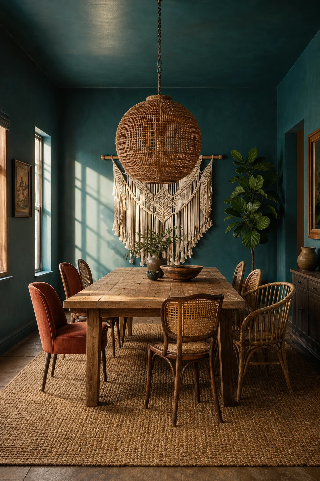Blue boho dining room with teal walls in Farrow and Ball Vardo, rattan pendant light, macrame wall hanging, woven jute rug and eclectic vintage chairs