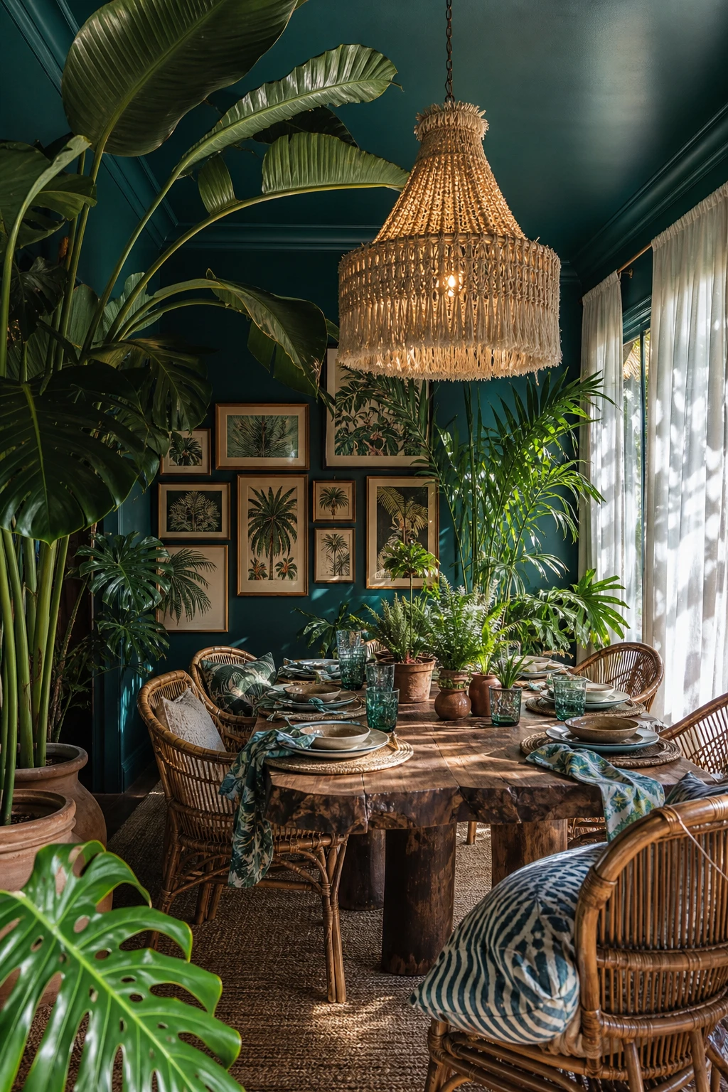 Blue boho dining room with tropical blue walls, large leaf plants, rattan chairs, printed textiles and natural light creating an indoor paradise feel