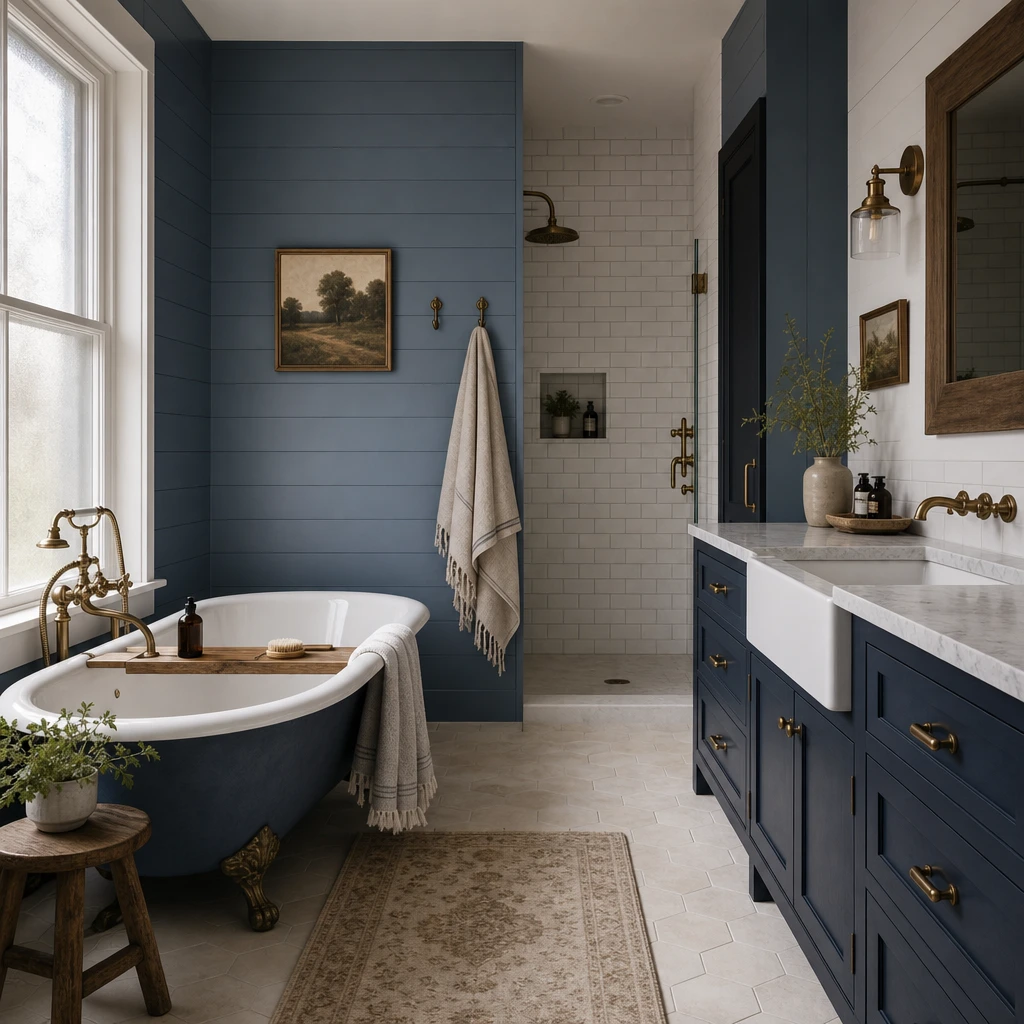 Blue farmhouse bathroom with dusty slate shiplap walls, navy double vanity, freestanding clawfoot tub, subway tile shower alcove, and aged brass hardware in warm morning window light.