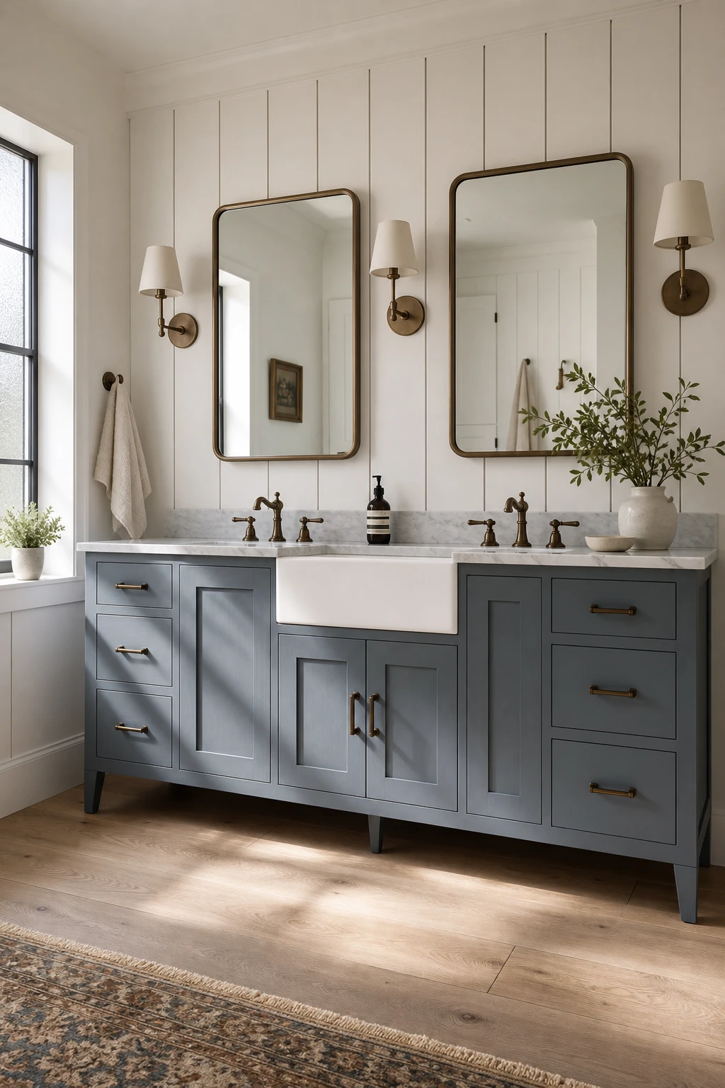 Blue farmhouse bathroom with a blue gray vanity as the hero, shiplap walls, apron sink, bronze fixtures, and natural light from a frosted window