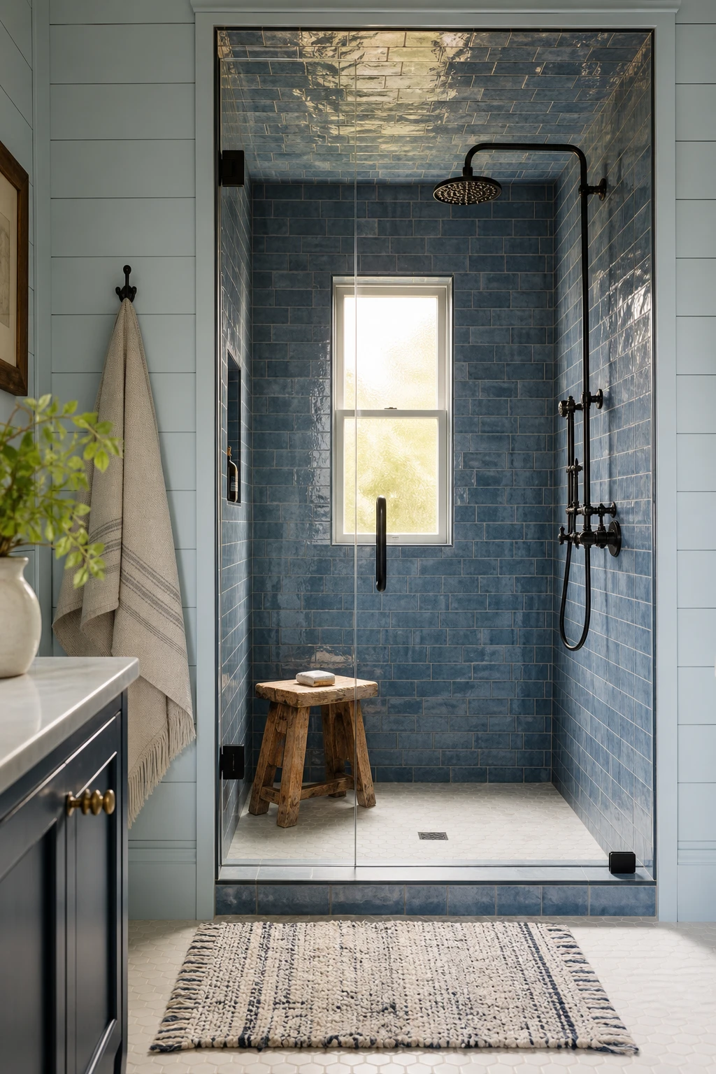 Blue farmhouse bathroom with a floor to ceiling blue tile shower enclosure, shiplap walls, a wooden stool, black fixtures, and soft morning light