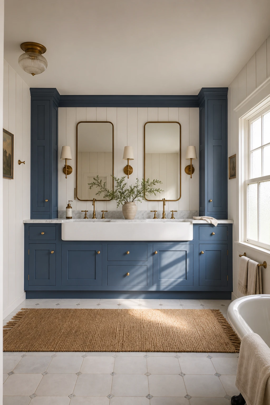 Blue farmhouse bathroom with a Lulworth Blue painted vanity as the focal point, shiplap walls, apron sink, and vintage brass fixtures in warm morning light.