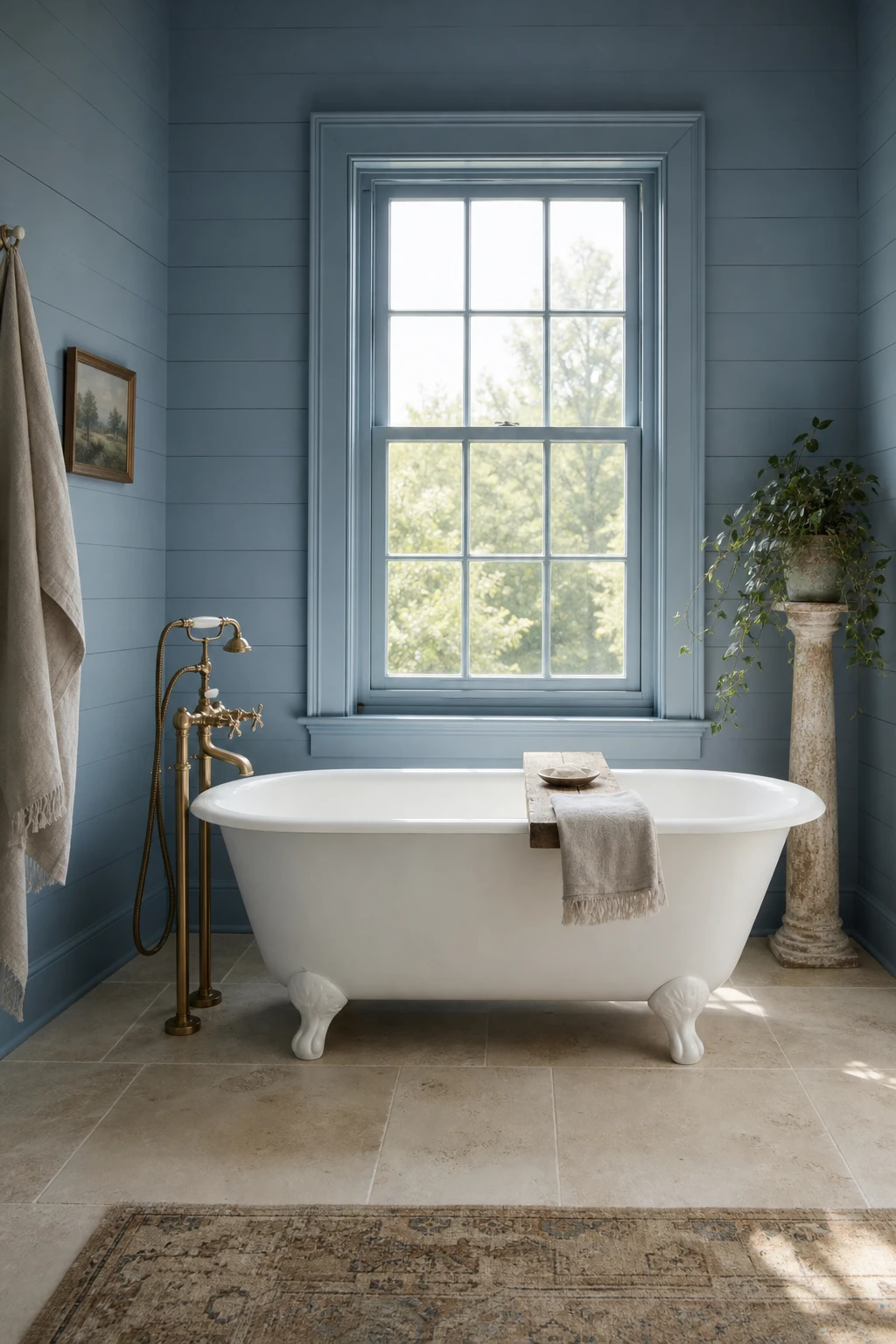 Blue farmhouse bathroom with a white freestanding tub centered beneath a window, shiplap walls in Farrow and Ball Yonder, stone floor, and brass fixtures