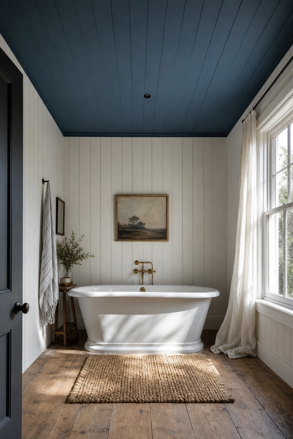 Blue farmhouse bathroom with Ancona Blue painted ceiling wrapping the room in cool colour above white shiplap walls and a freestanding tub