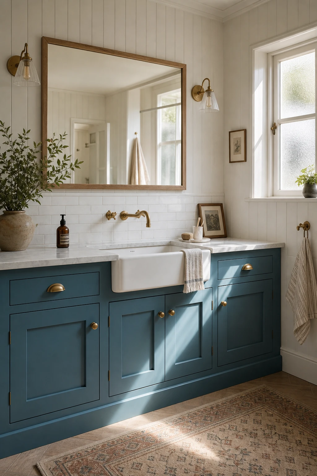 Blue farmhouse bathroom with aqua painted vanity cabinets, shiplap walls, white subway tile, and brass fixtures in warm morning light