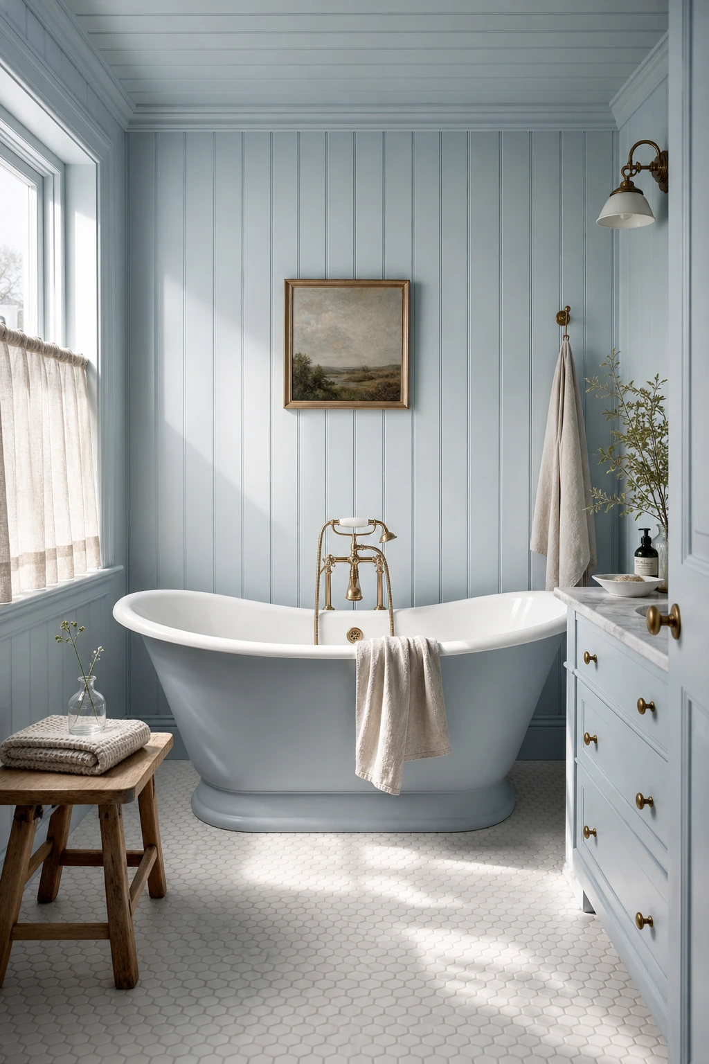 Blue farmhouse bathroom with baby blue walls in Farrow & Ball Pale Powder, white shiplap, freestanding tub, brass fixtures, and linen curtains in soft morning light