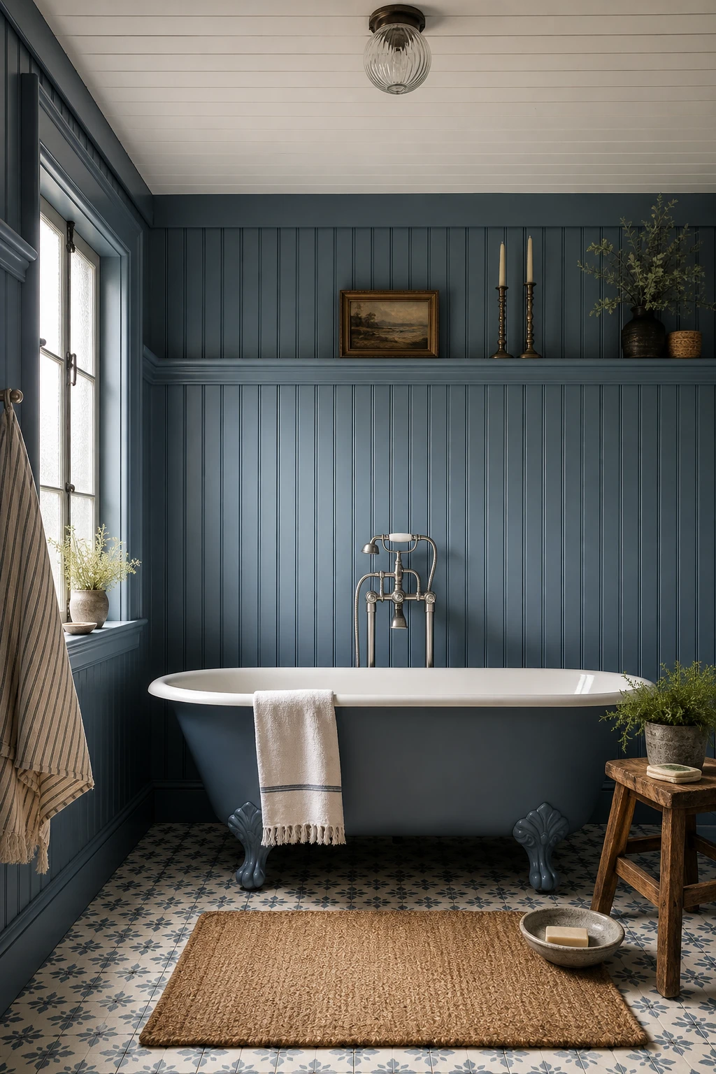 Blue farmhouse bathroom with beadboard paneling painted Farrow & Ball Ancona Blue, clawfoot tub, shiplap ceiling, and warm morning light through a frosted window