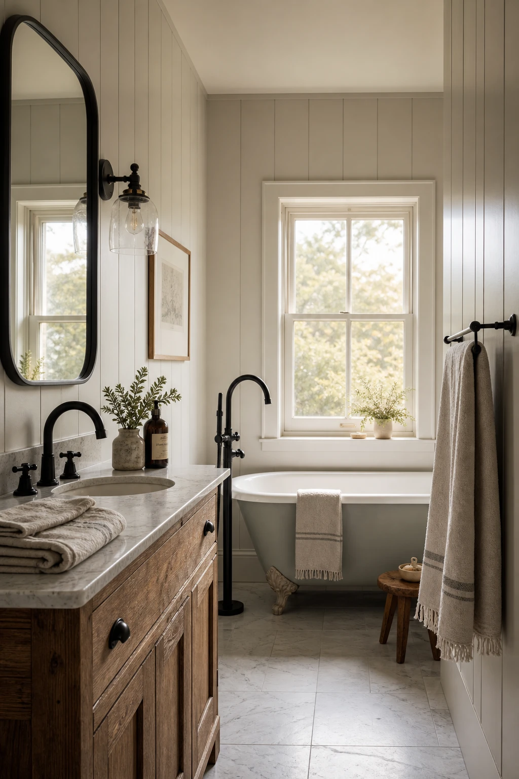 Blue farmhouse bathroom with black fixtures as hero, light blue shiplap walls, freestanding tub, matte black faucets, and natural linen towels in warm morning light