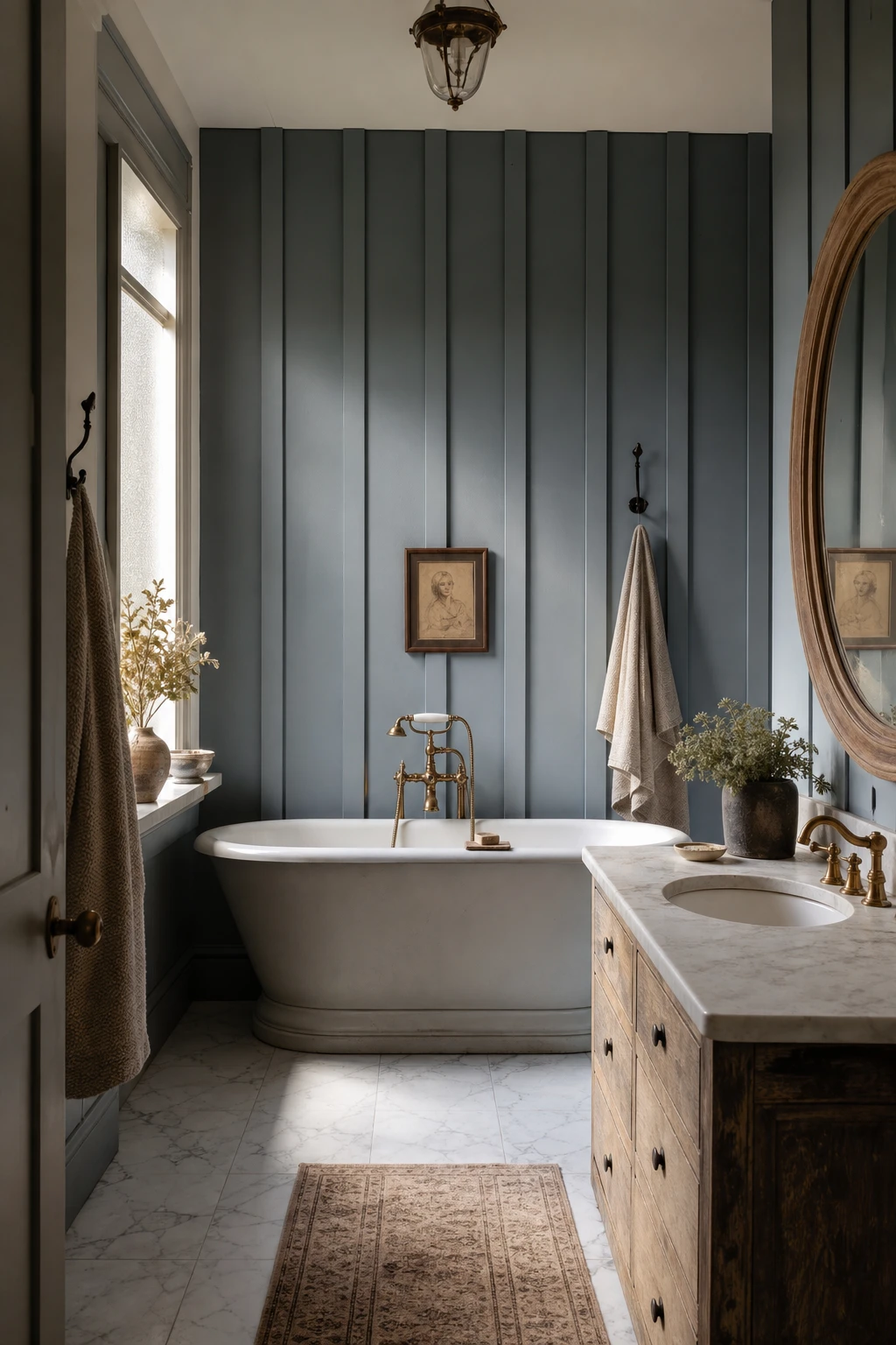 Blue farmhouse bathroom with board and batten walls painted Cook's Blue, freestanding tub, shiplap ceiling, vintage mirror, and warm morning light