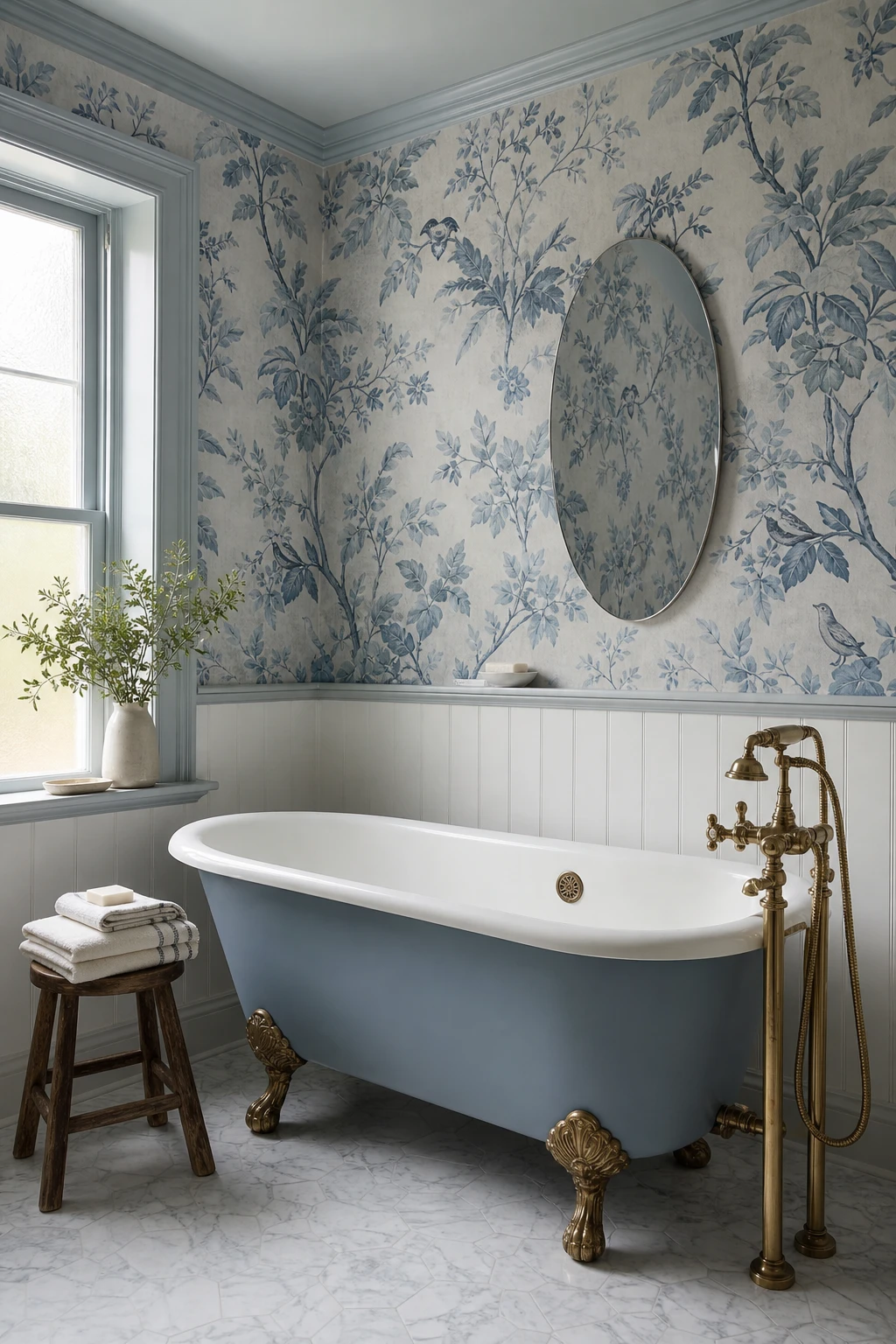 Blue farmhouse bathroom with botanical blue wallpaper as hero, clawfoot tub, shiplap wainscoting, brass fixtures, and soft natural light from a frosted window