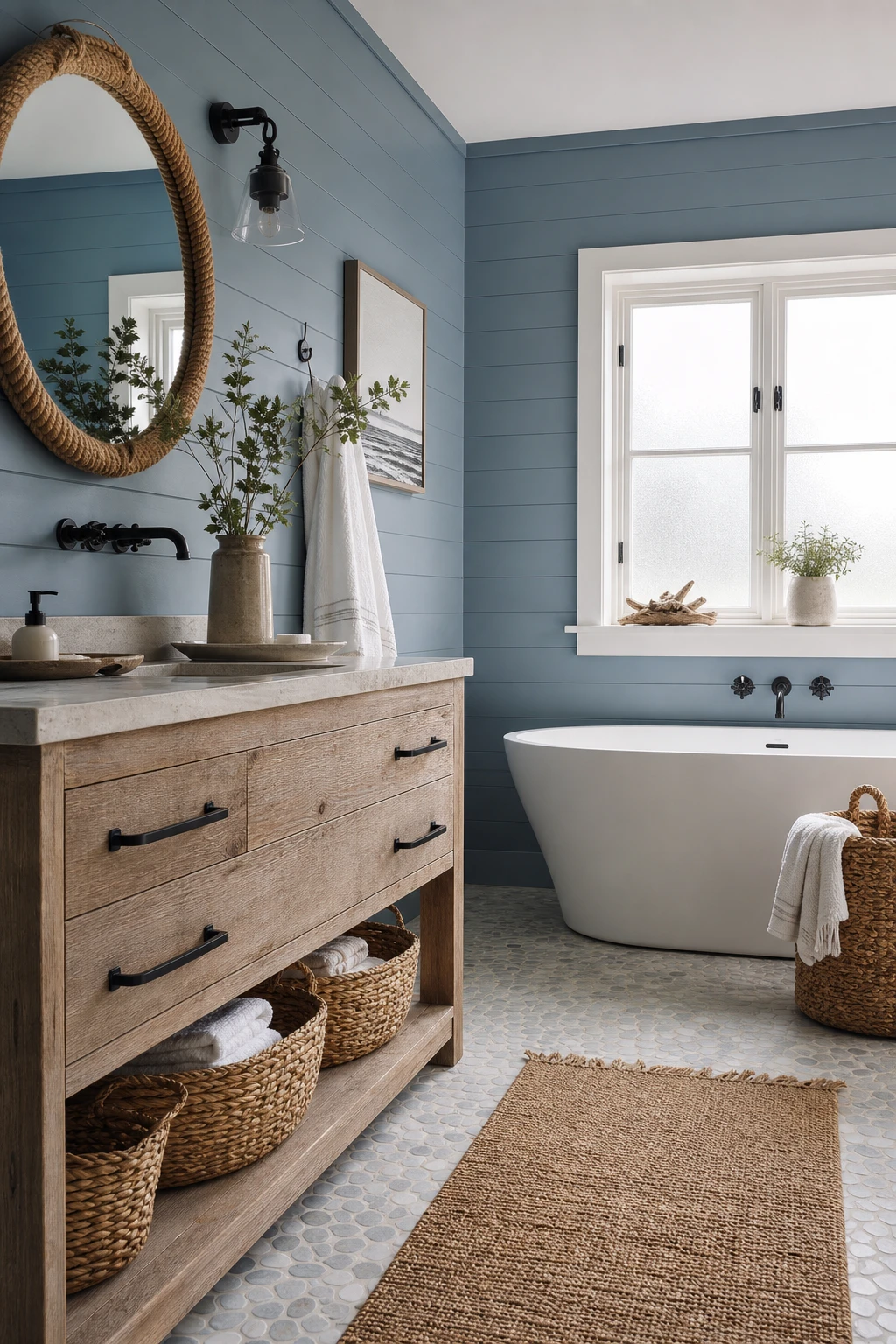 Blue farmhouse bathroom with coastal accents, shiplap walls in Farrow and Ball Bothy Blue, rope mirror, weathered oak vanity and pebble tile floor