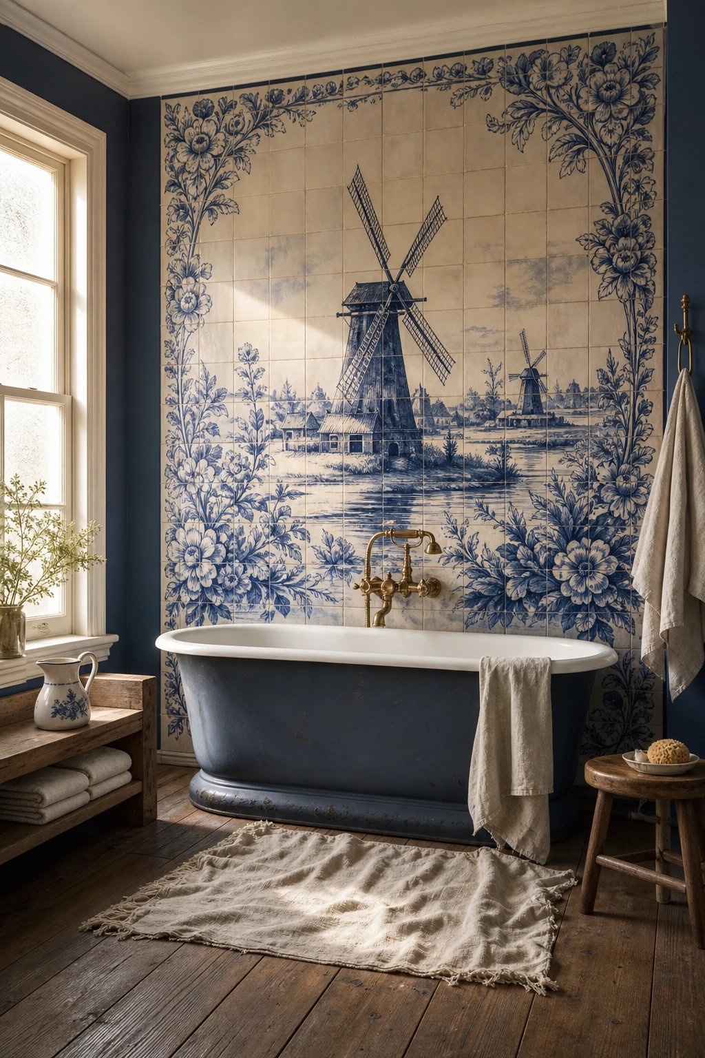 Blue farmhouse bathroom with Delft tile mural behind a freestanding tub, Farrow and Ball Chinese Blue painted walls and aged brass fixtures in warm morning light