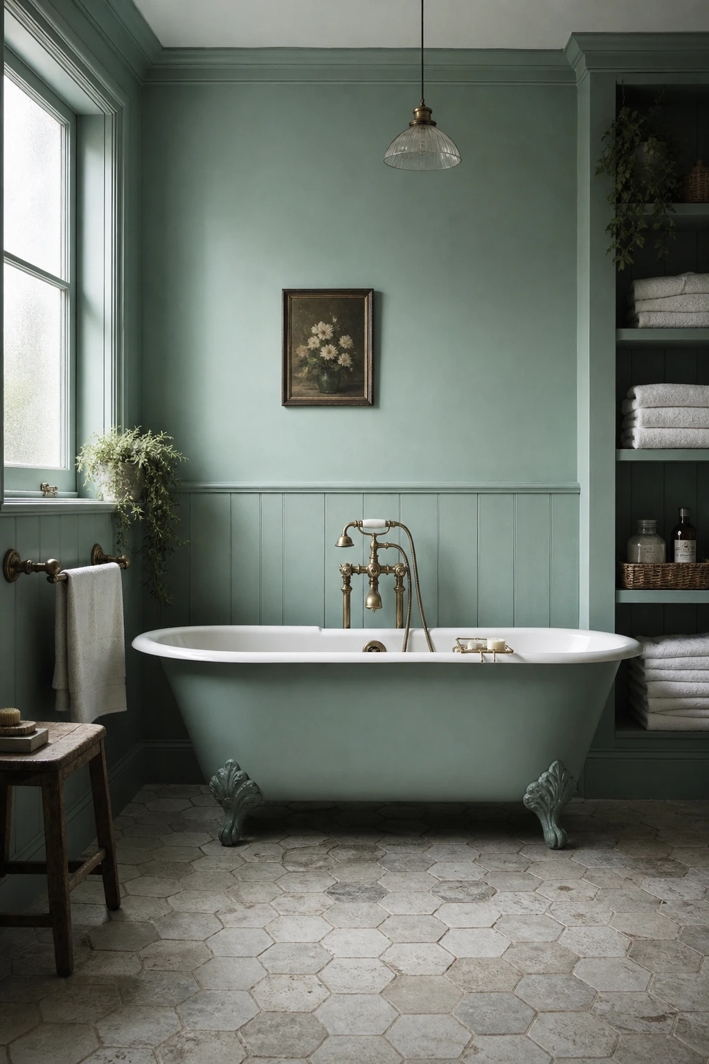 Blue farmhouse bathroom with duck egg toned walls, freestanding clawfoot tub, shiplap, brass fixtures and warm morning light through a frosted sash window