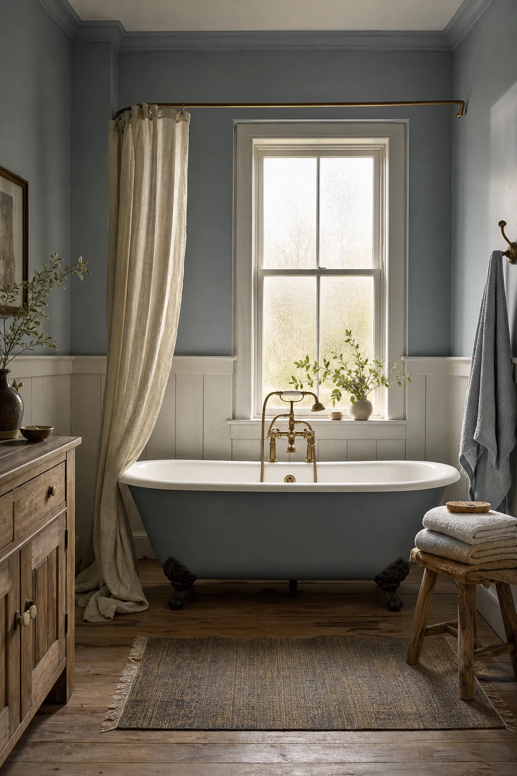Blue farmhouse bathroom with dusty blue walls, a freestanding soaking tub, shiplap, linen curtains, and warm morning light through a frosted window