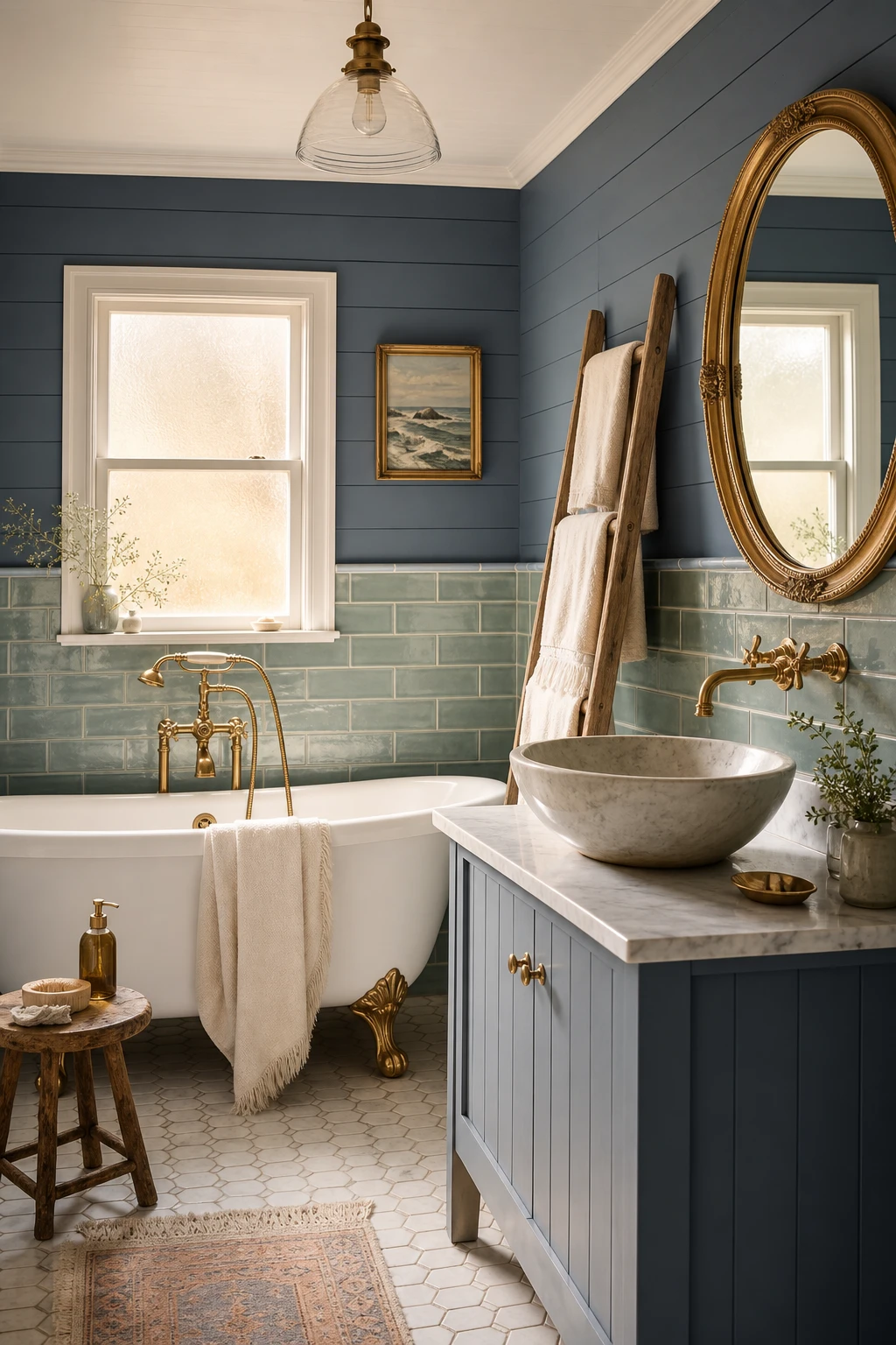 Blue farmhouse bathroom with Farrow and Ball Dix Blue walls, gold fixtures, sea salt toned tilework, freestanding tub and warm morning light