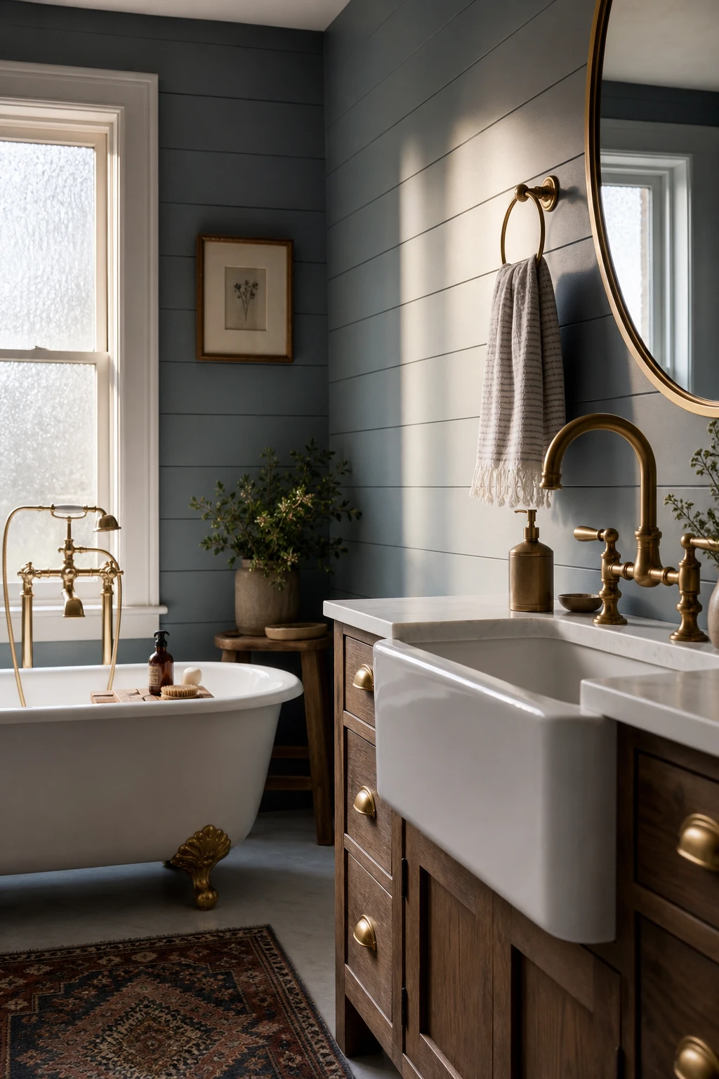 Blue farmhouse bathroom with gold hardware as hero, shiplap walls in Farrow and Ball Graupel, freestanding tub, warm morning light