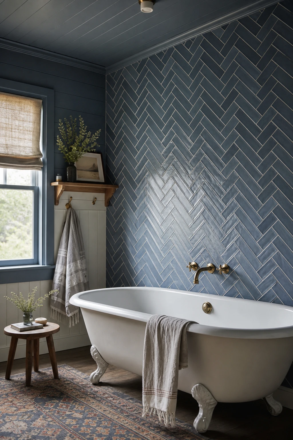 Blue farmhouse bathroom with herringbone subway tile walls in soft blue, clawfoot tub, shiplap ceiling, brass fixtures and natural light from a frosted sash window