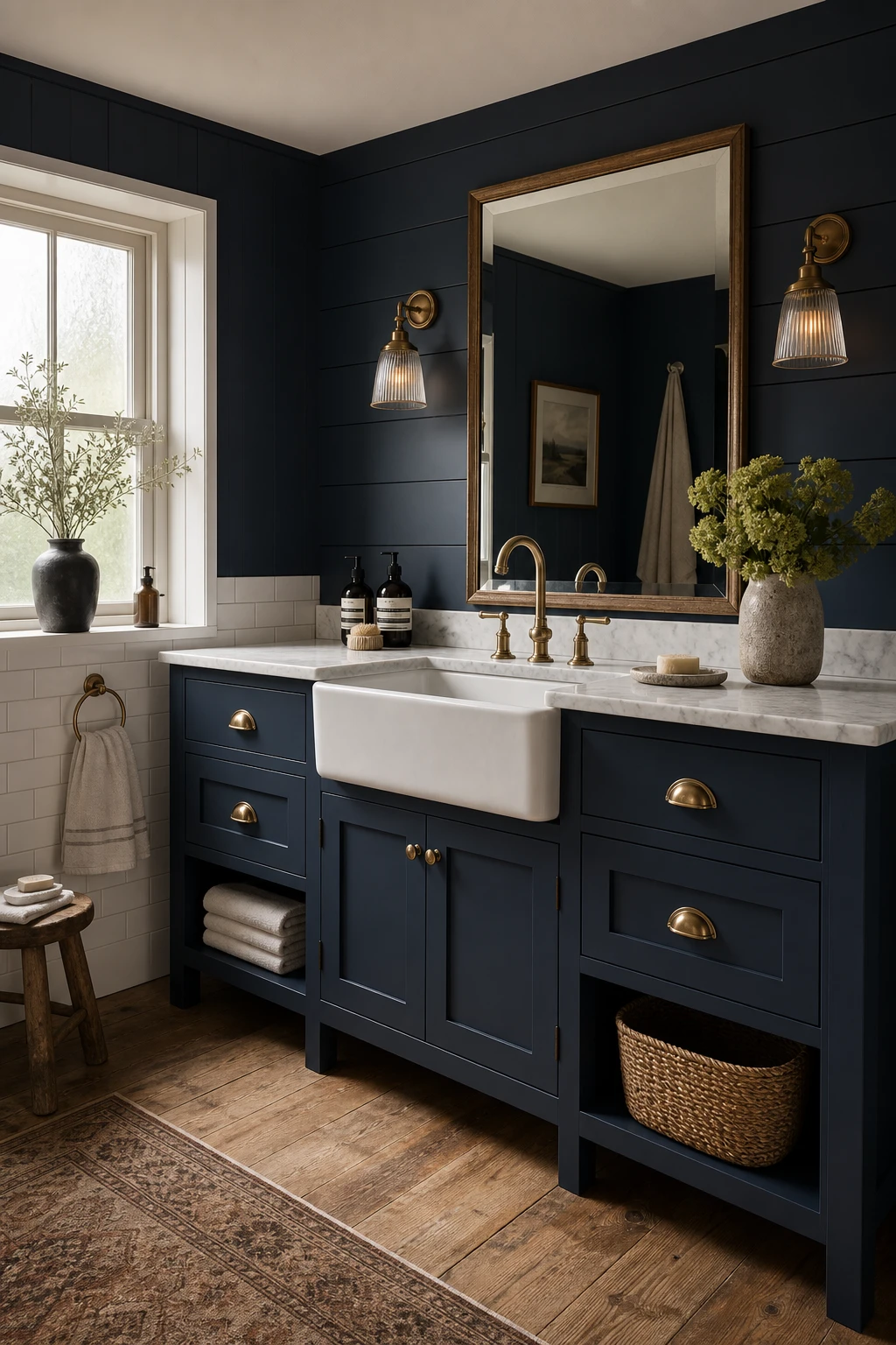 Blue farmhouse bathroom with navy cabinets as hero, shiplap walls in Farrow and Ball Pitch Blue, brass hardware, apron sink, and woven basket storage