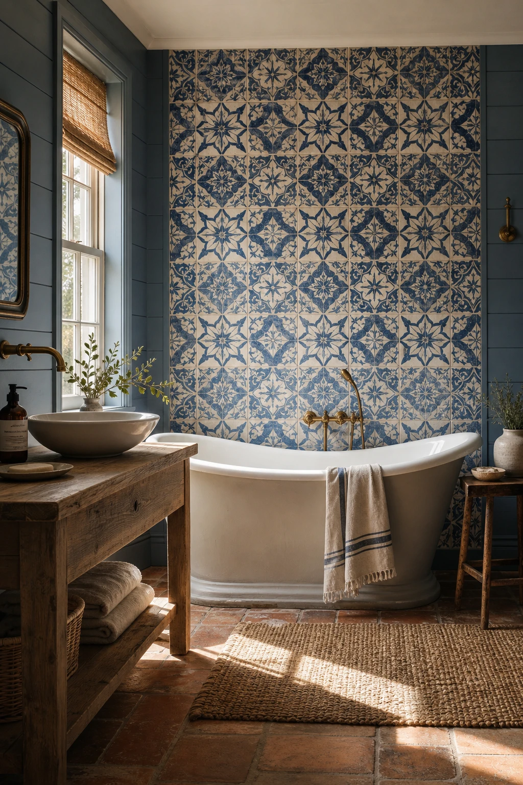 Blue farmhouse bathroom with Portuguese tile feature wall, freestanding tub, warm morning light, and Farrow and Ball De Nimes painted shiplap trim