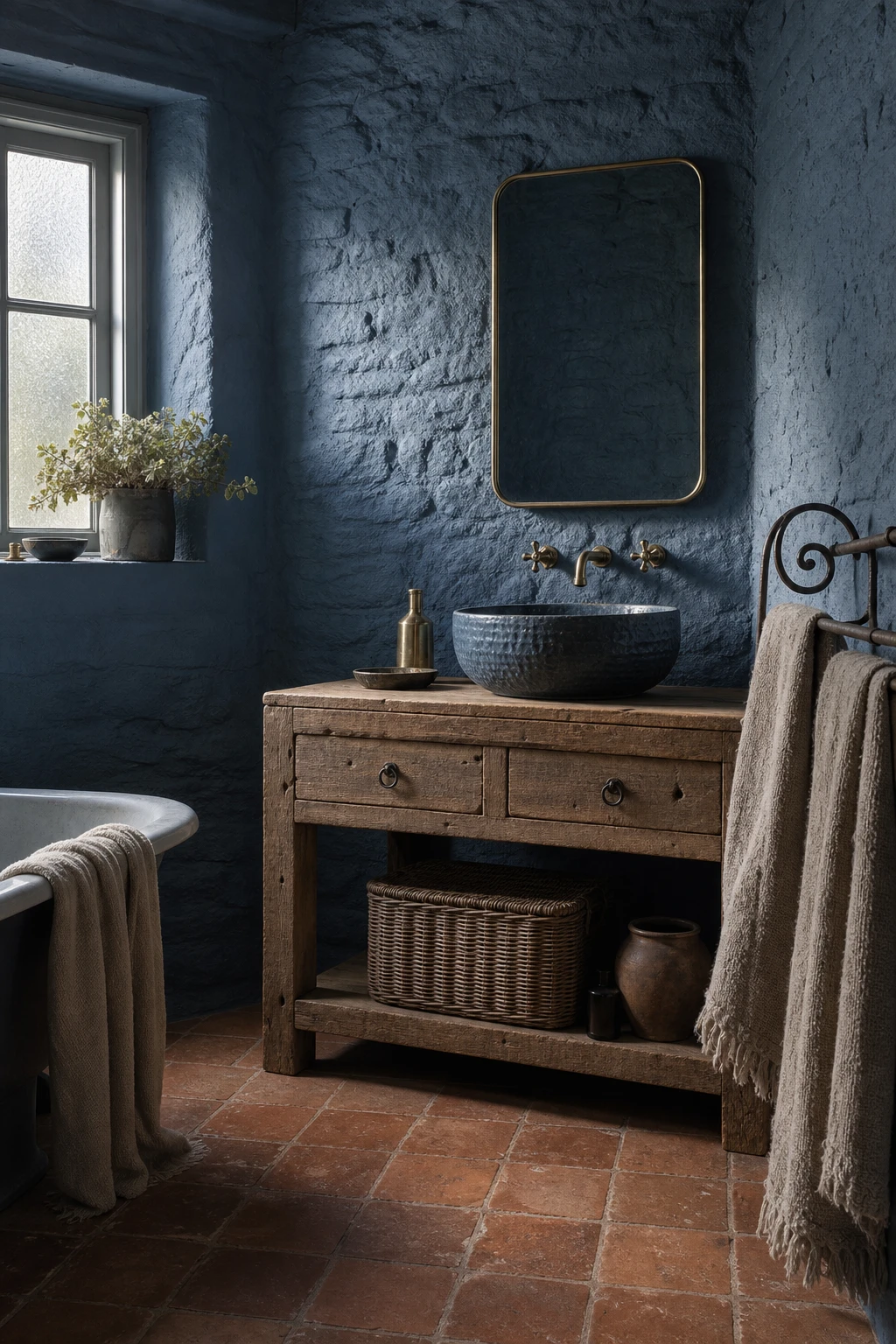 Blue farmhouse bathroom with rustic textures, exposed stone wall in Farrow and Ball Stiffkey Blue, reclaimed wood vanity, aged brass fittings and textured linen towels