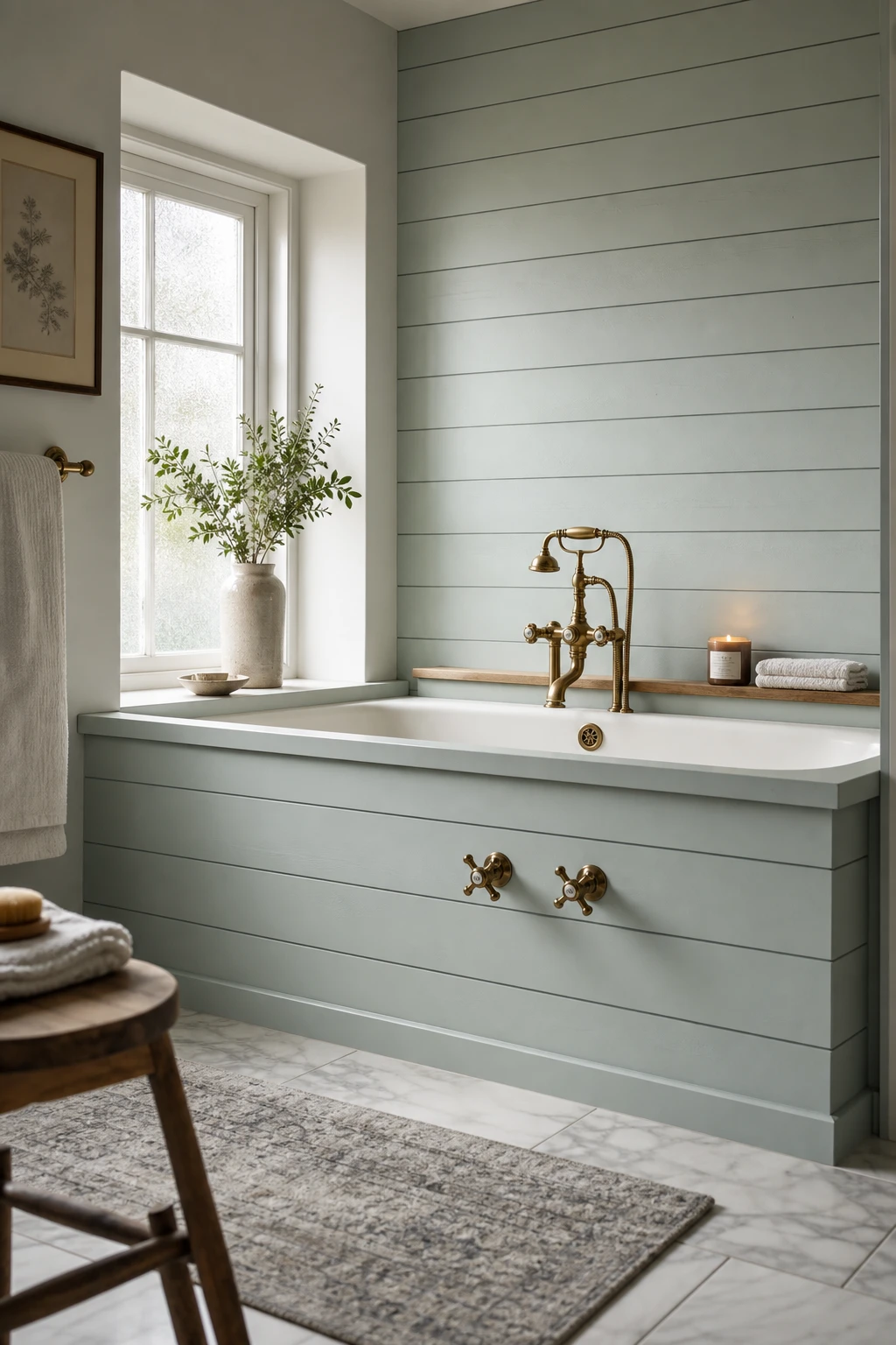 Blue farmhouse bathroom with shiplap tub surround painted Farrow and Ball Kittiwake, freestanding soaking tub, vintage cross handle fixtures and natural light