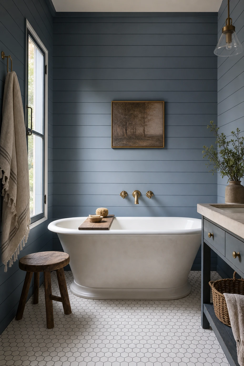 Blue farmhouse bathroom with Stone Blue shiplap walls, freestanding tub, white hexagon floor tiles, and brass fixtures in warm morning light