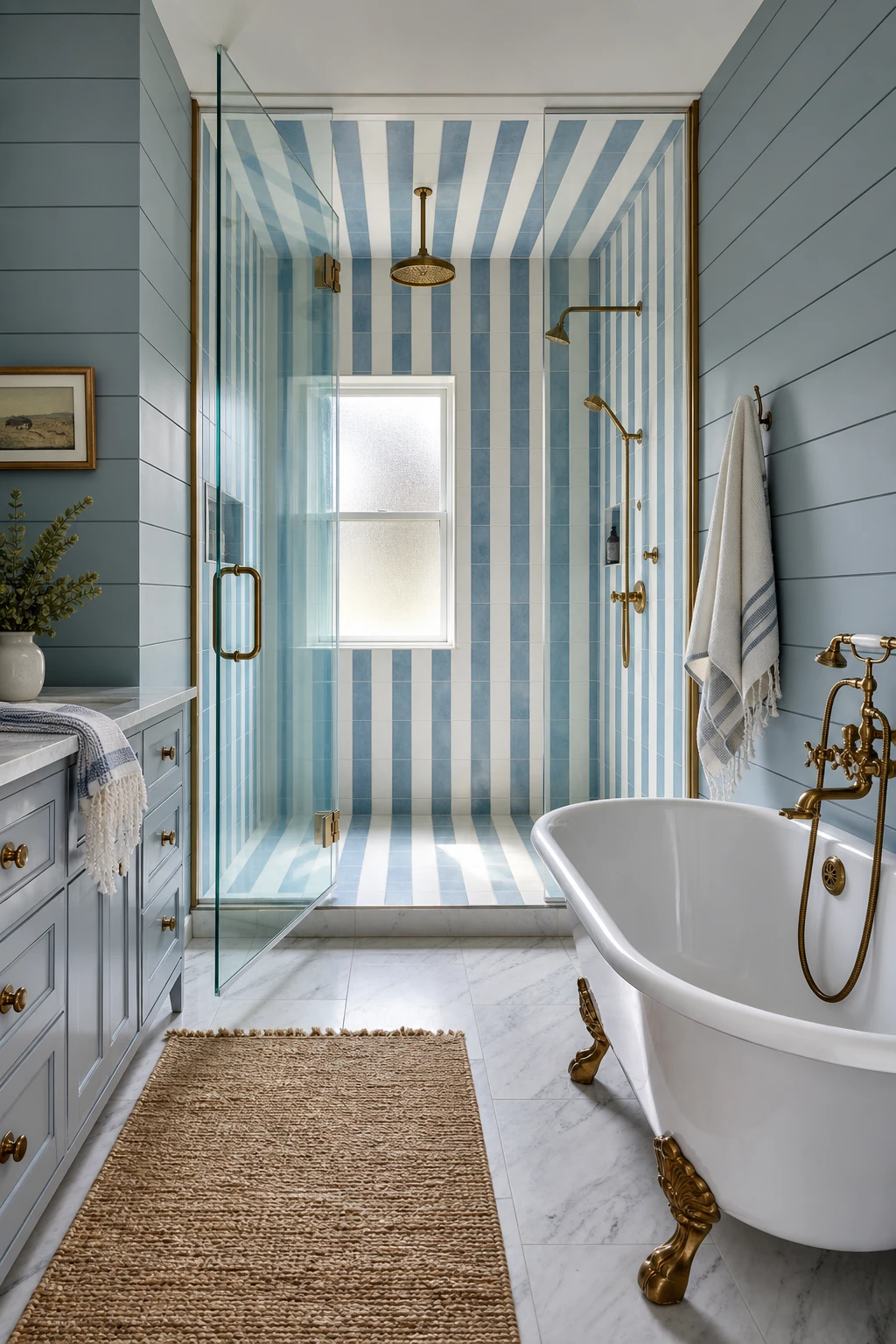 Blue farmhouse bathroom with striped vertical shower tile as the hero, white shiplap walls, vintage brass fixtures, and Farrow and Ball Powder Blue painted trim