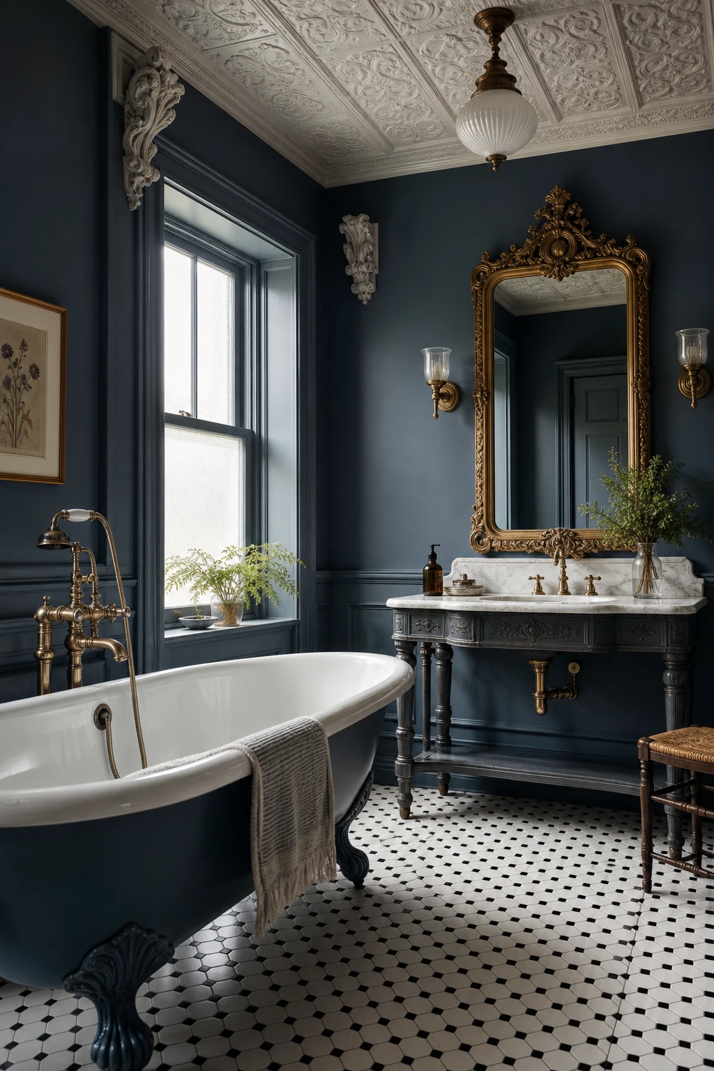 Blue farmhouse bathroom with Victorian details including a clawfoot tub, ornate mirror, and Farrow and Ball Drawing Room Blue painted walls bathed in warm morning light