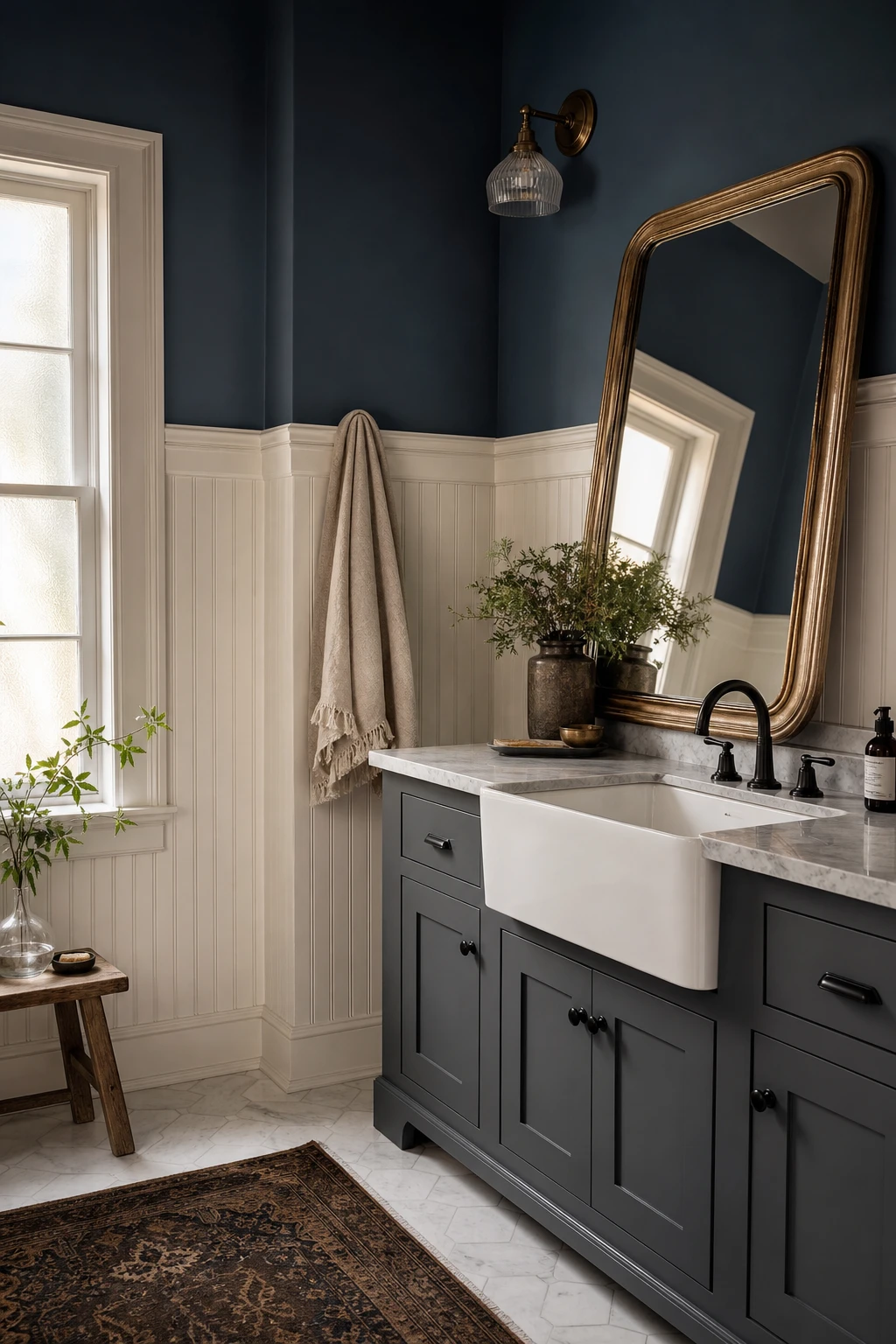 Blue farmhouse bathroom with white wainscoting panels below a Ballroom Blue painted upper wall, shiplap ceiling, vintage mirror and matte black fixtures