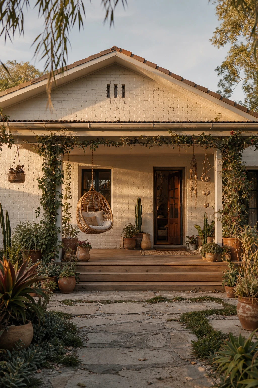 Boho brick bungalow exterior painted Farrow & Ball Dorset Cream with layered plants, woven porch accents, low pitched roof and warm afternoon light