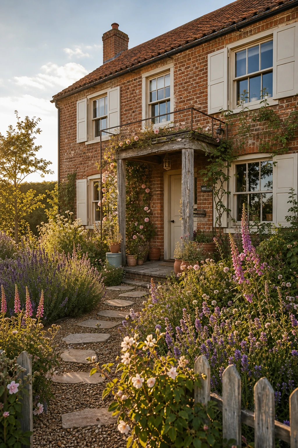 Boho brick farmhouse exterior with a lush cottage garden setting in full bloom softening the facade under warm afternoon light