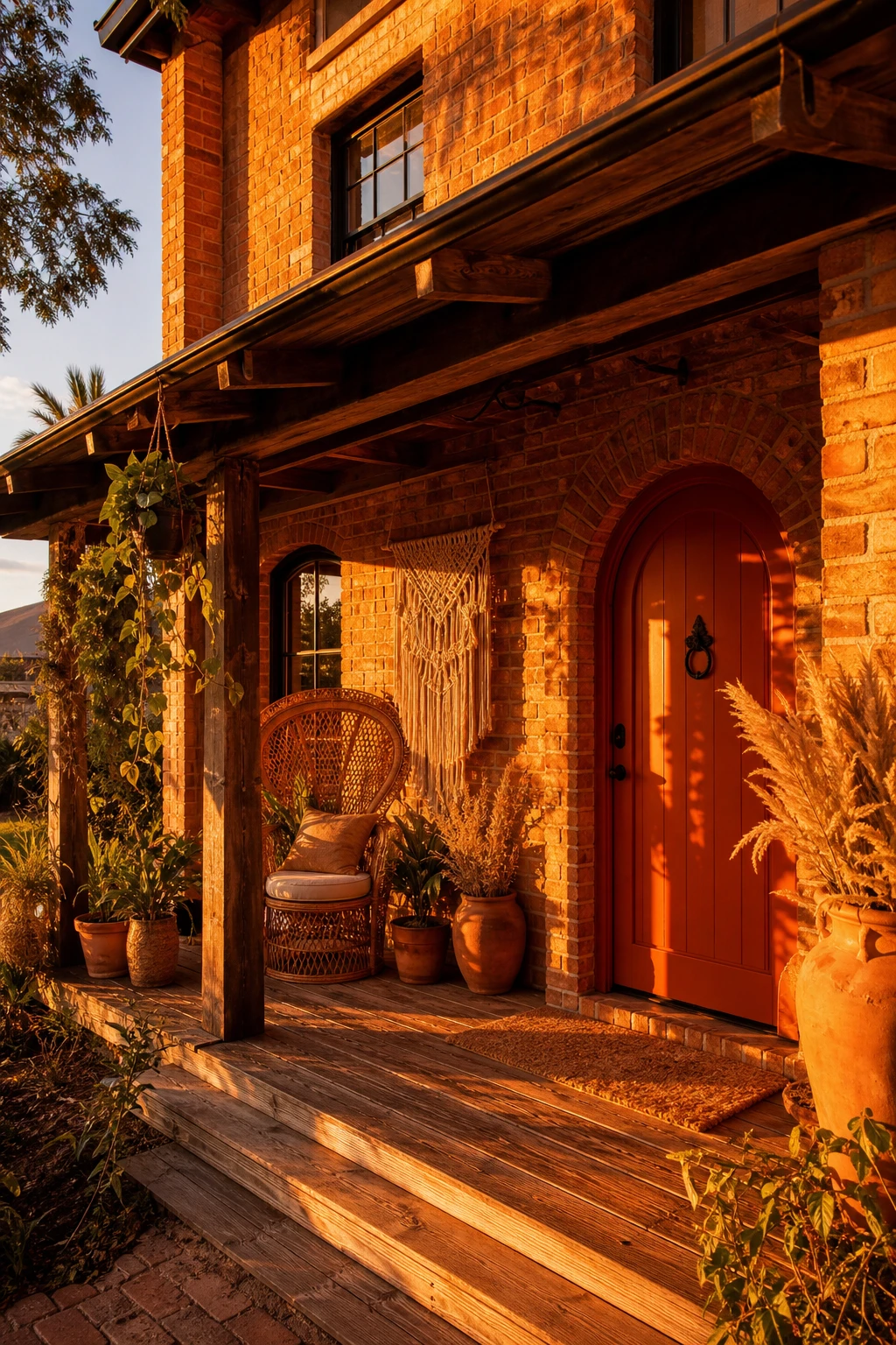 Boho brick house exterior at golden hour showing warm orange brick facade glowing amber with eclectic front porch details and lush greenery