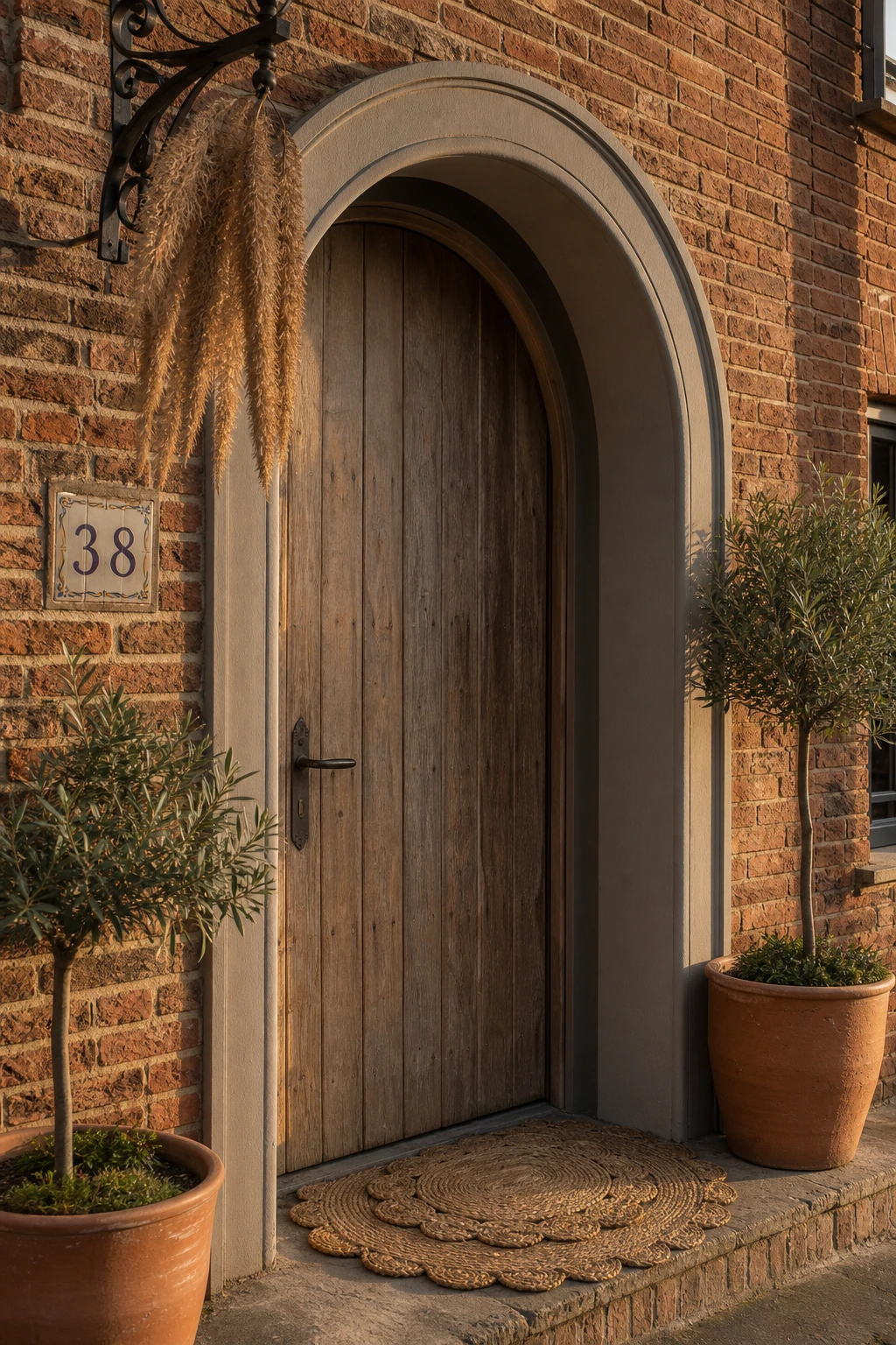 Boho brick house exterior close up of a rounded arched doorway painted Farrow and Ball Pointing warm white with terracotta tiles and woven rattan door mat