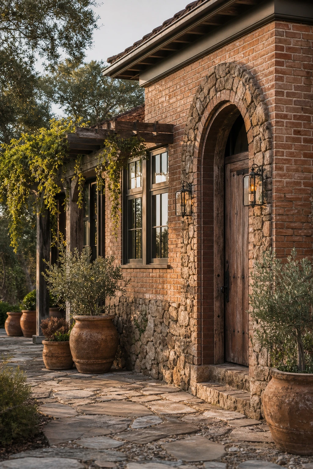 Boho brick house exterior combining warm handmade brick and rough natural stone with Farrow and Ball Savage Ground painted trim under soft afternoon light